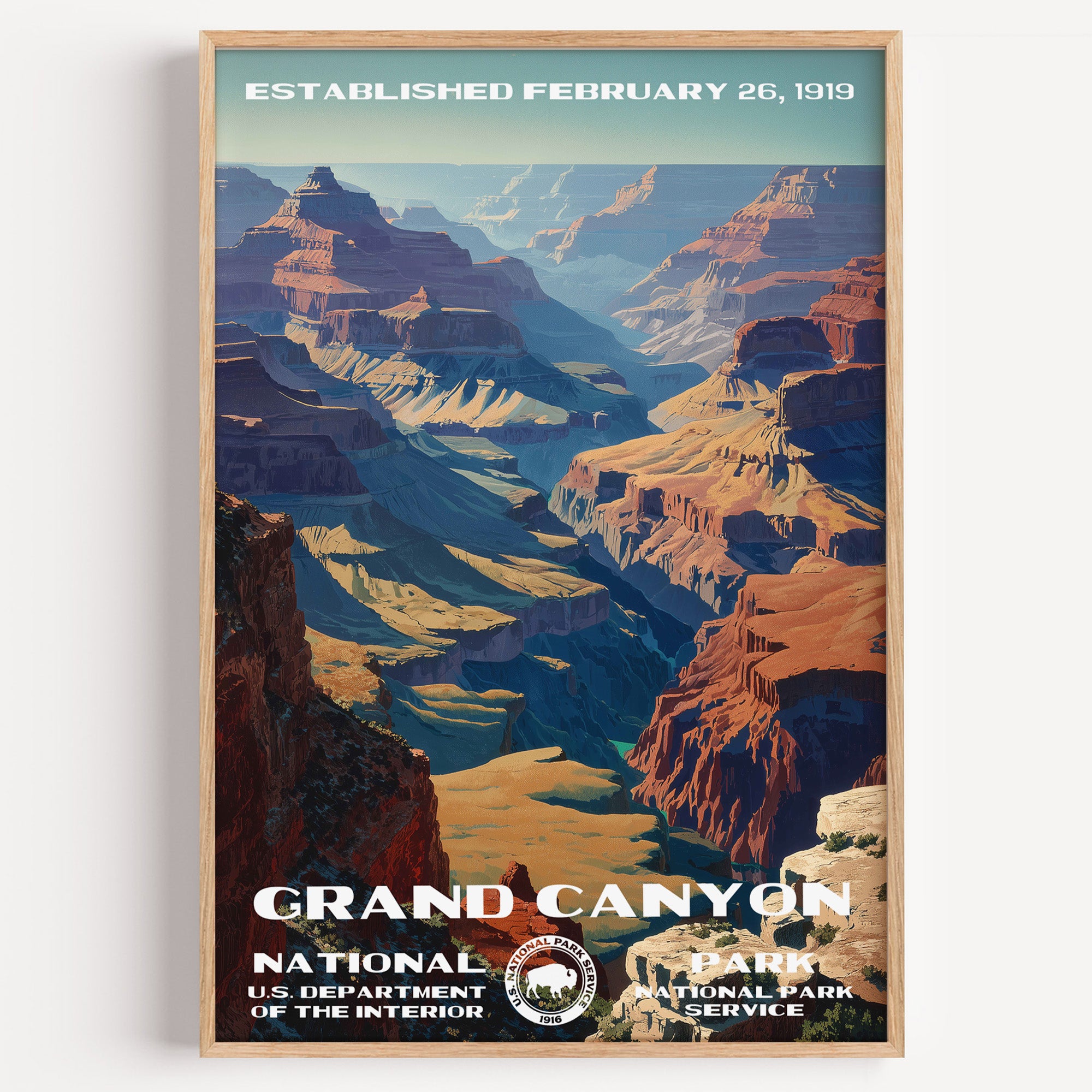 Grand Canyon National Park vintage travel poster in a wood frame, layered purple and orange canyon walls receding at dusk