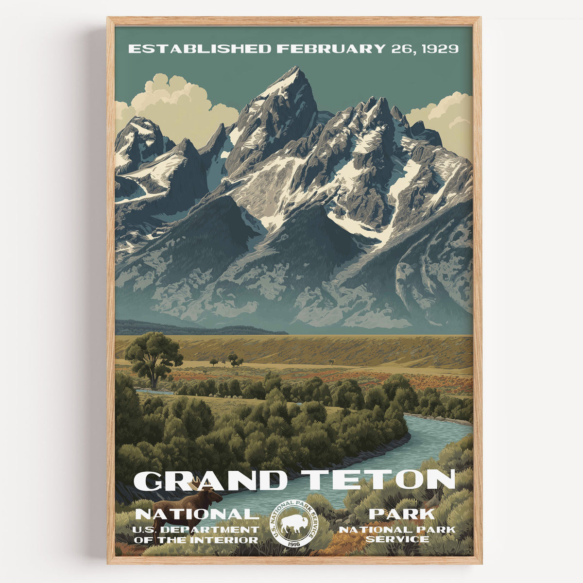 Grand Teton National Park vintage travel poster in a wood frame, the Teton range above the Snake River and cottonwood flats
