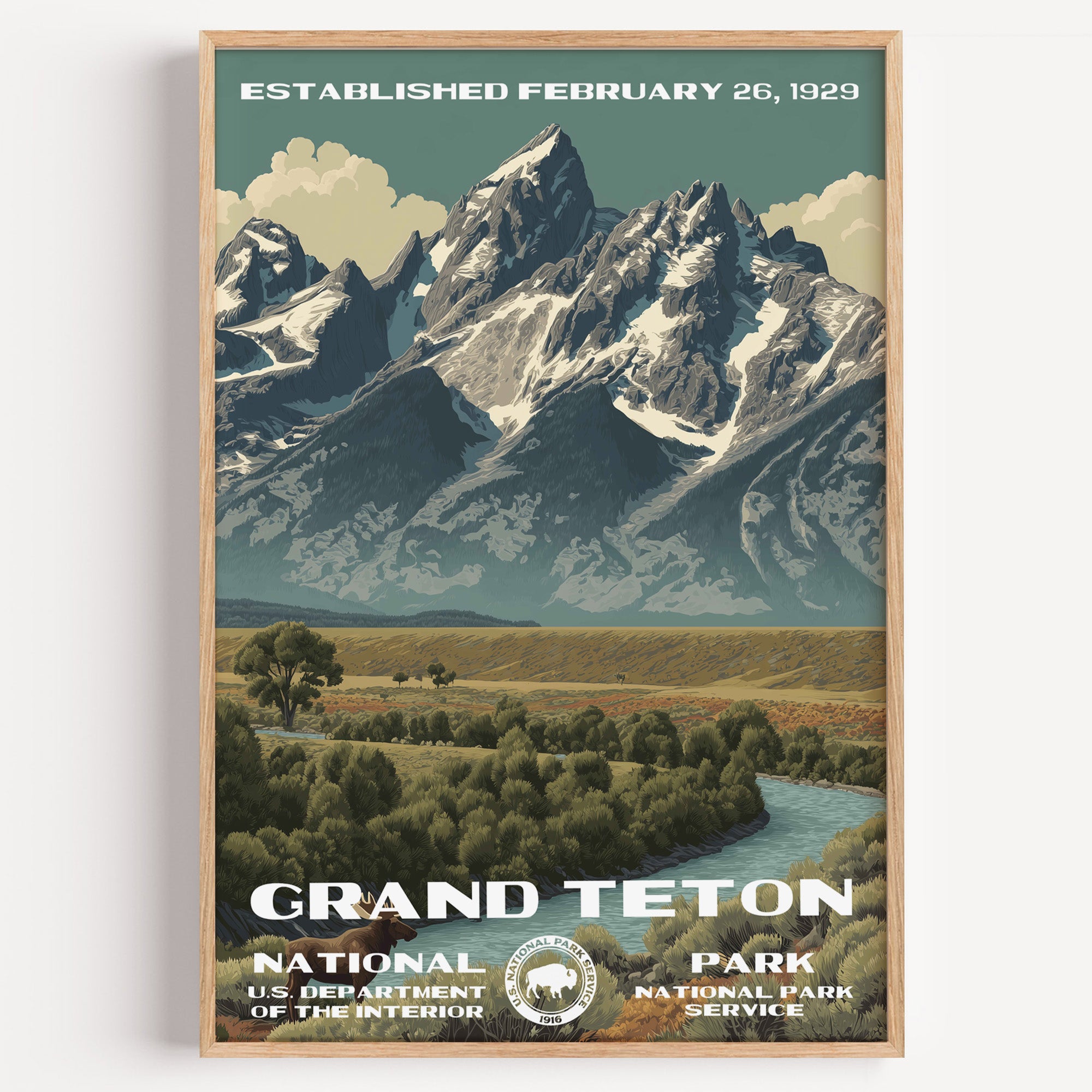 Grand Teton National Park vintage travel poster in a wood frame, the Teton range above the Snake River and cottonwood flats