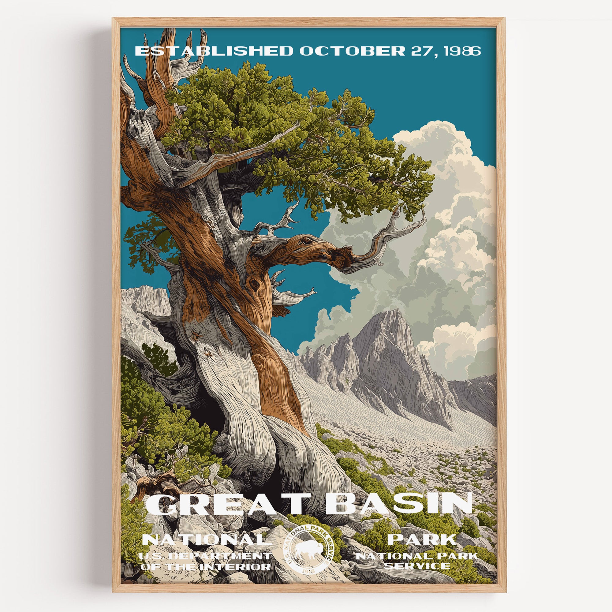Great Basin National Park vintage travel poster in a wood frame, a gnarled bristlecone pine clinging to a rocky alpine slope