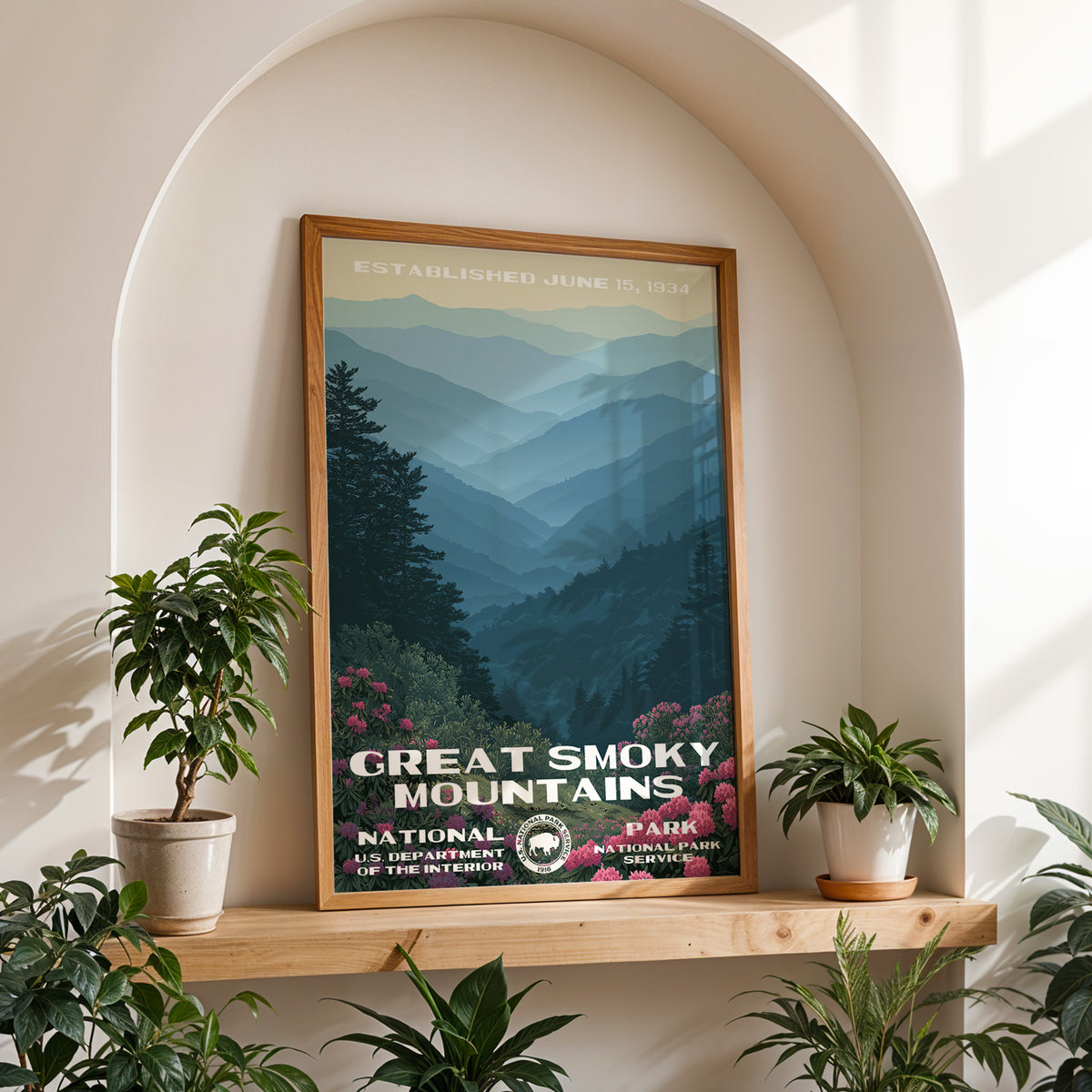 Great Smoky Mountains National Park retro travel print framed on a wooden shelf in a sunlit arched alcove