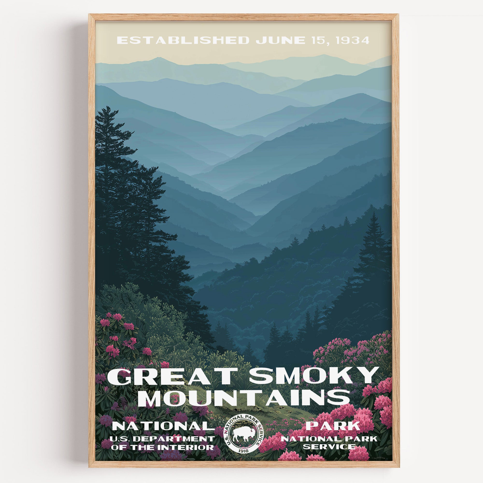 Great Smoky Mountains National Park vintage travel poster in a wood frame, layered blue ridges fading into haze