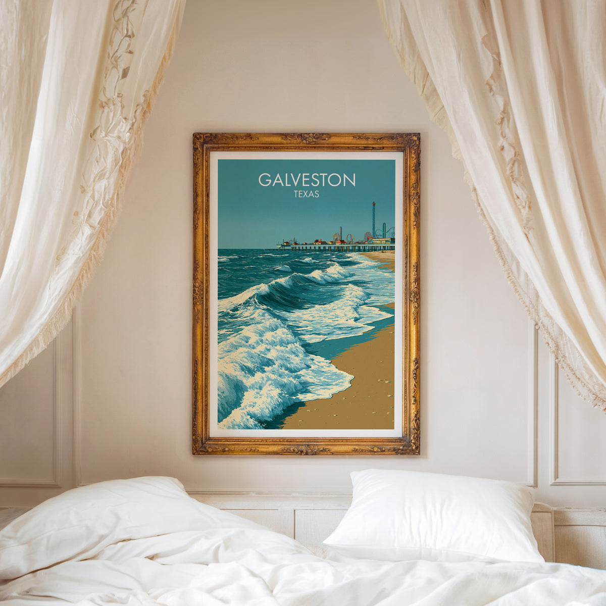Galveston Texas art in a carved gold frame above a white bed with linen canopy drapes