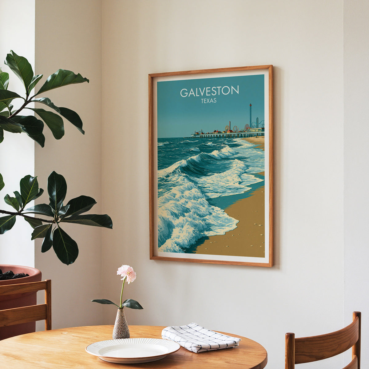 Breaking waves artwork in a walnut frame in a dining nook with a checked table runner