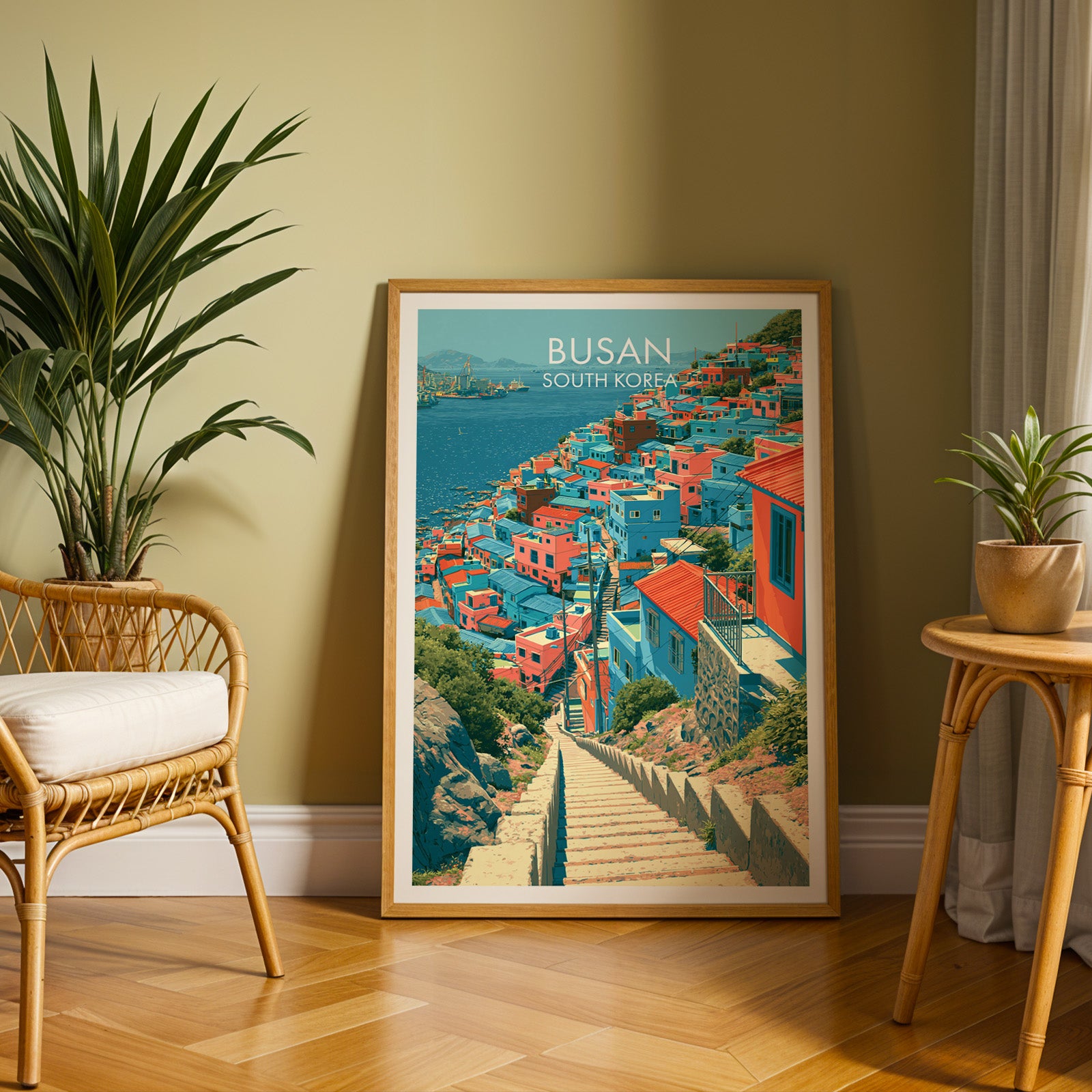Large Gamcheon Culture Village Busan travel print in an oak frame leaning on a herringbone floor next to a rattan chair