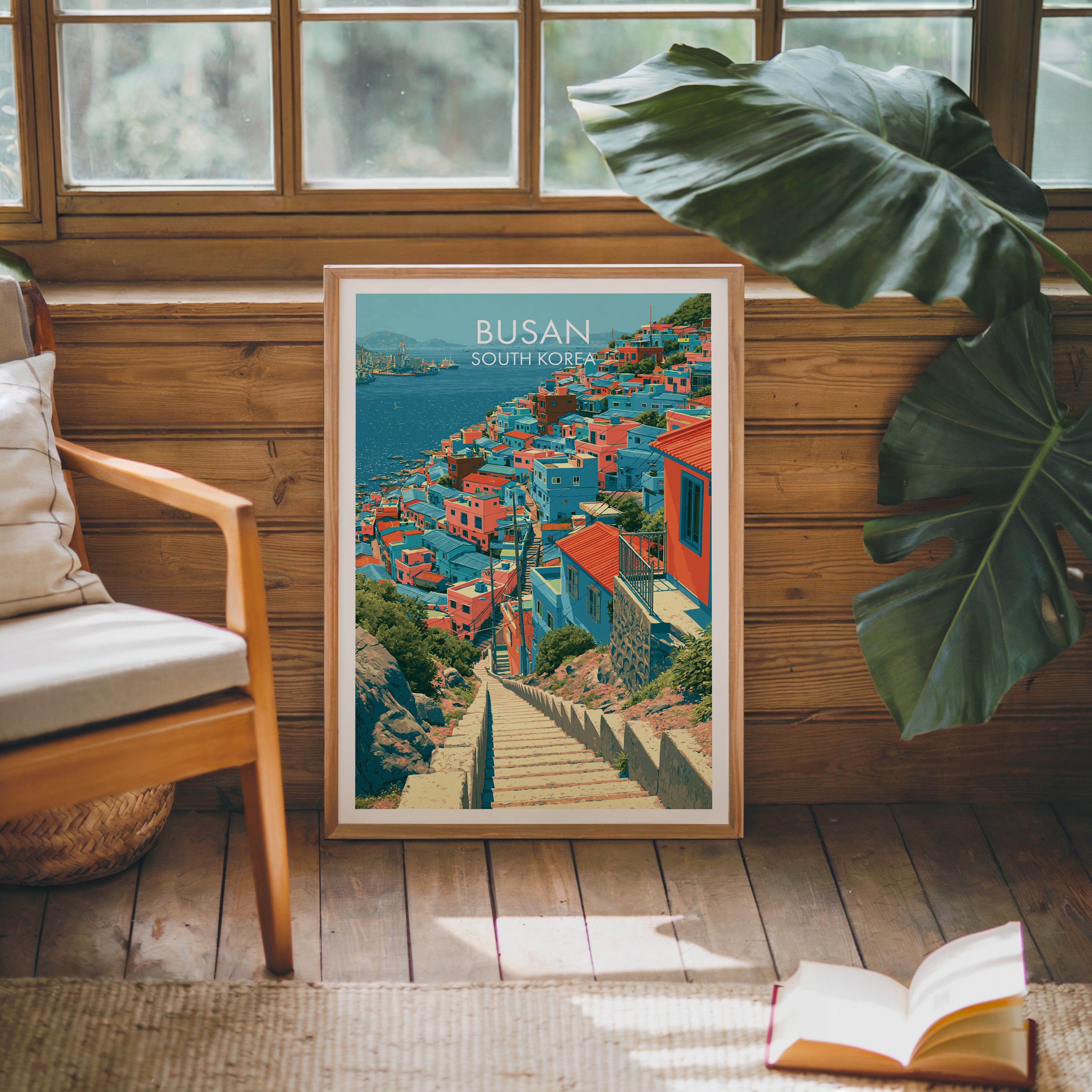Framed Gamcheon Culture Village Busan poster leaning against a timber cabin wall with monstera leaves and an open book