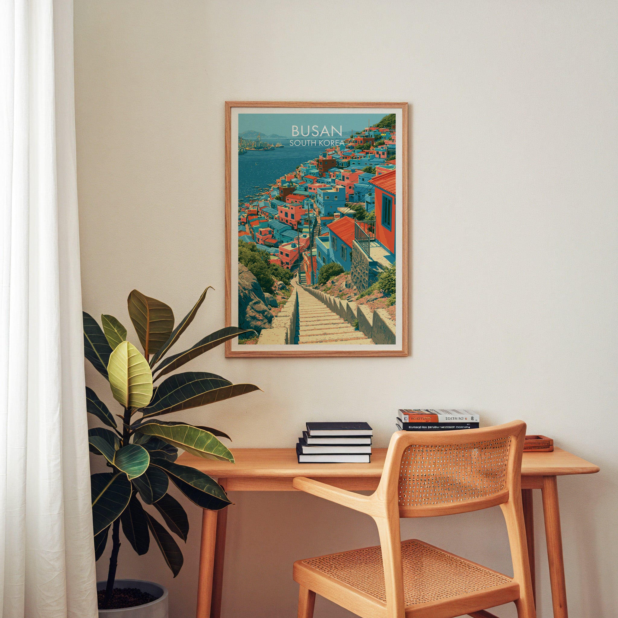 Gamcheon Culture Village Busan wall art above a wooden home office desk with a rattan chair and books