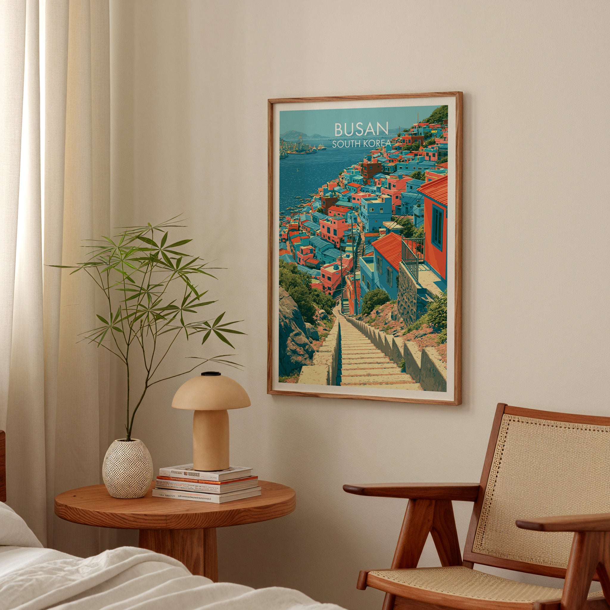 Gamcheon Culture Village Busan poster above a bedroom nightstand with a bamboo plant and mushroom lamp