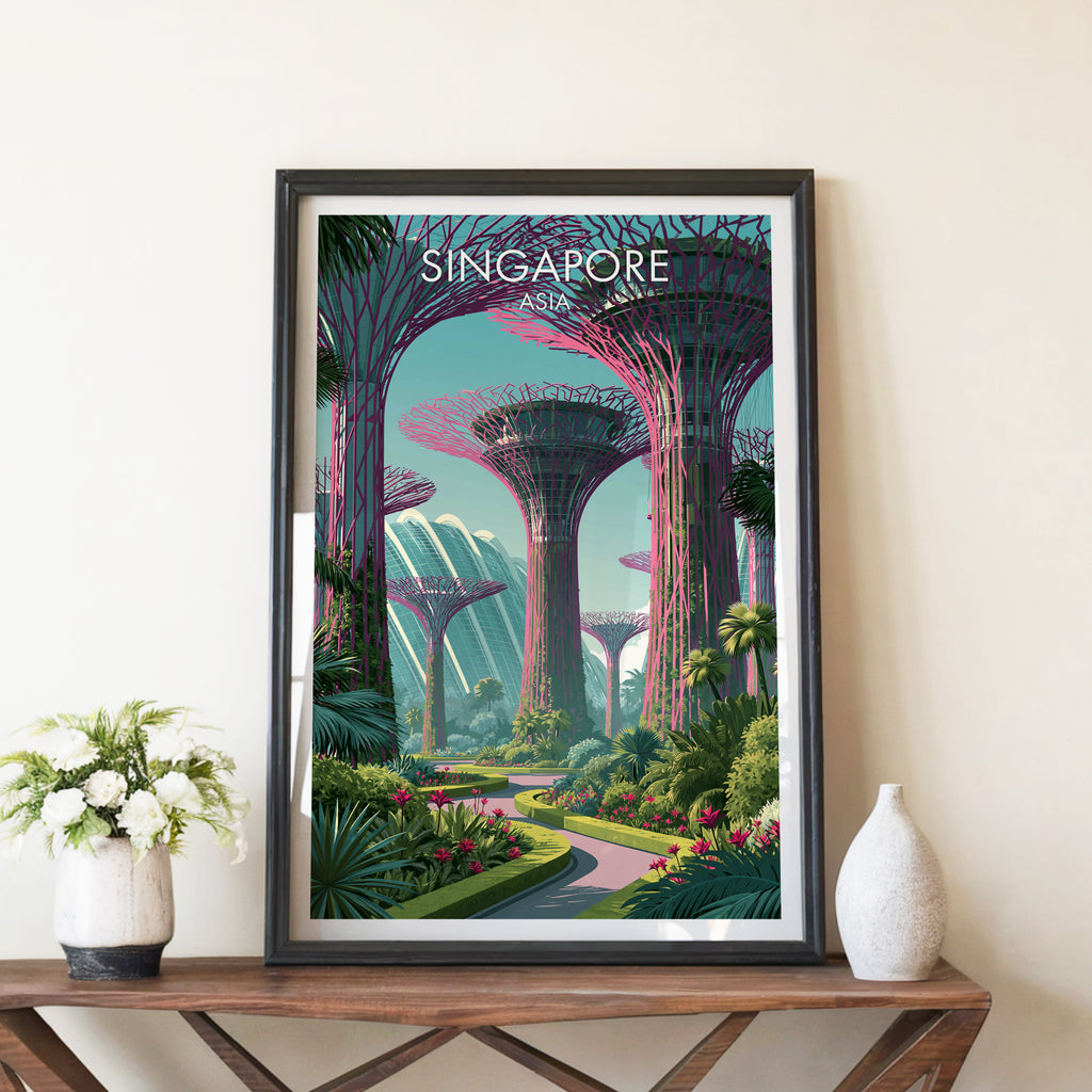 Gardens by the Bay Singapore travel poster in a black frame on a wooden console table with white flowers
