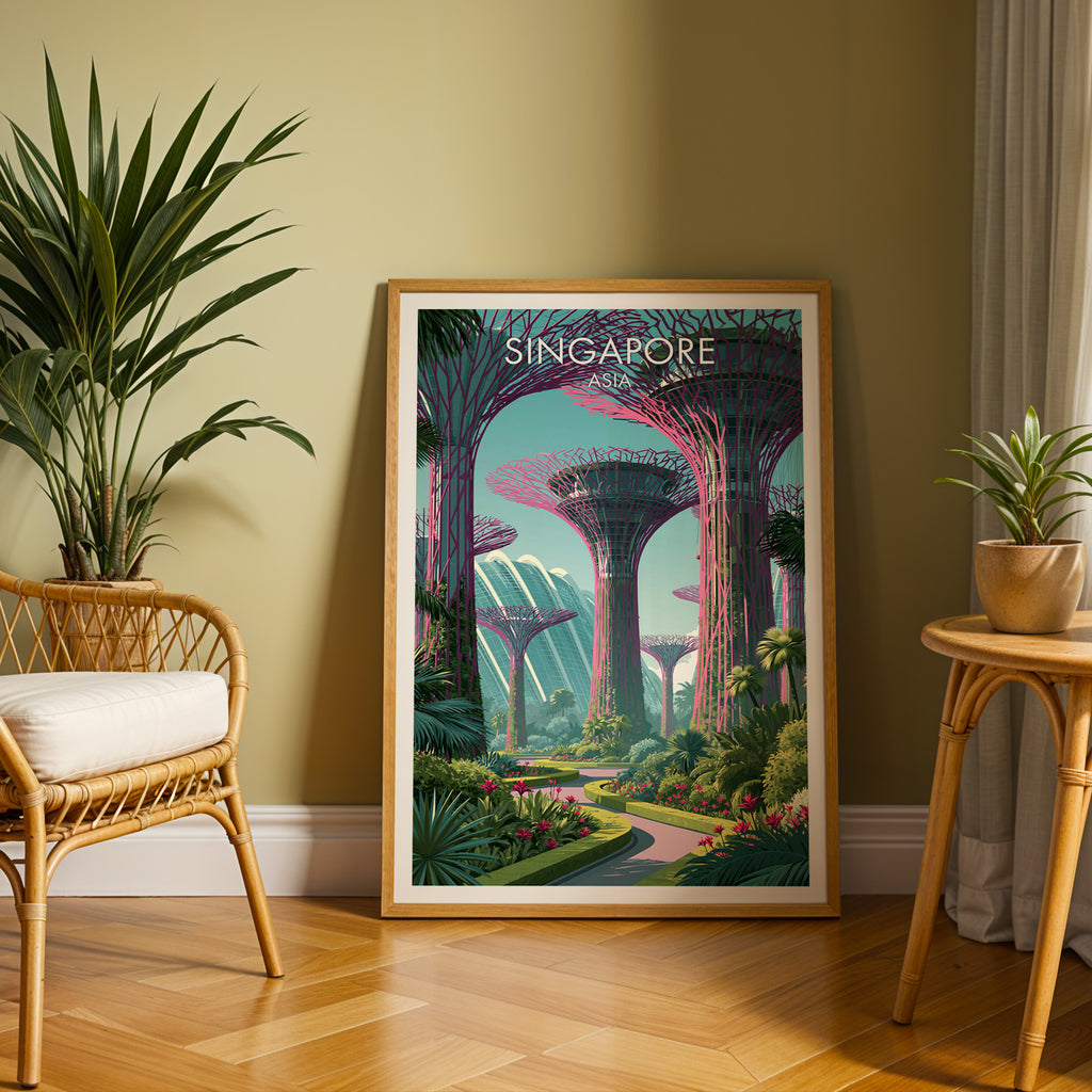 Large Gardens by the Bay Singapore travel print in an oak frame leaning on a herringbone floor next to a rattan chair