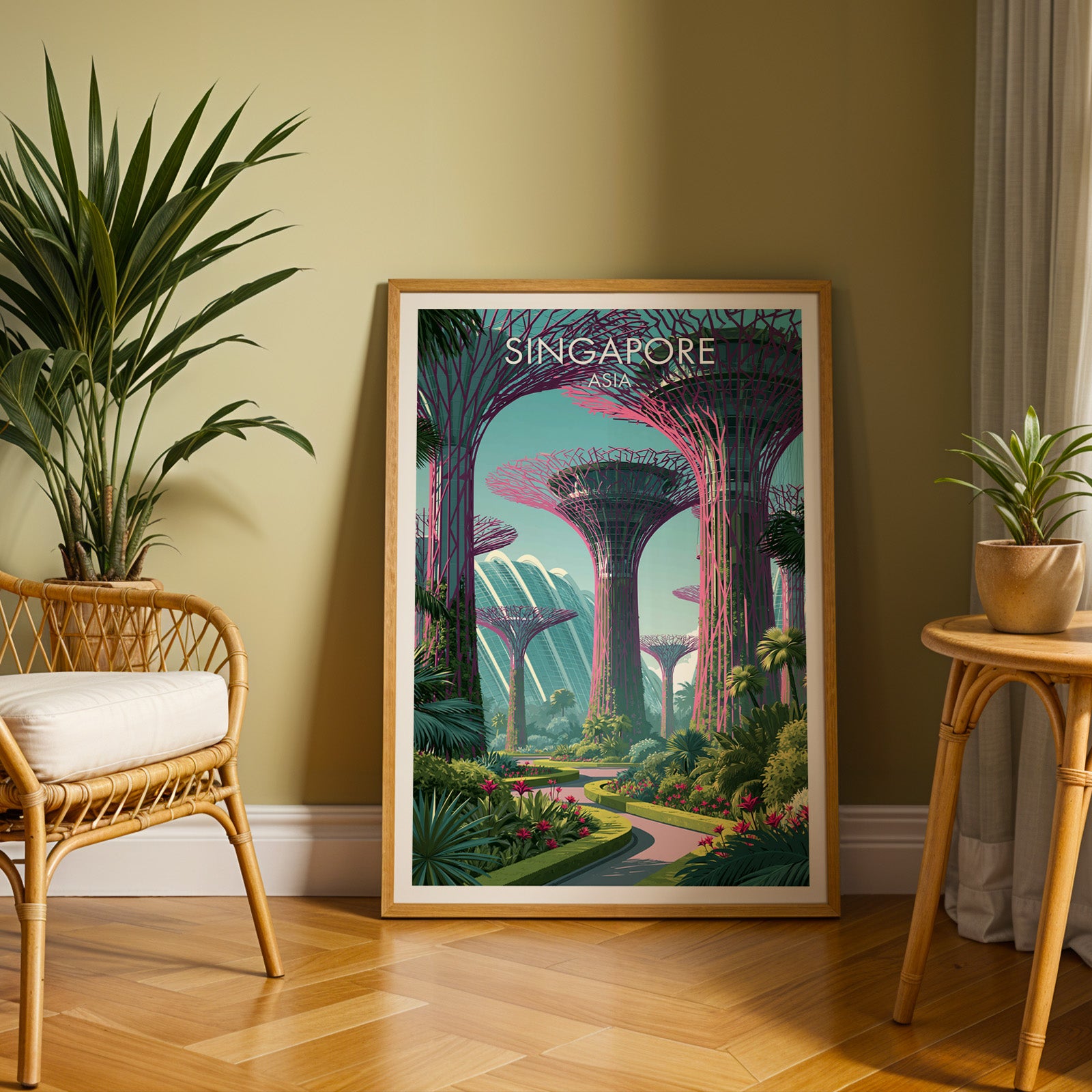 Large Gardens by the Bay Singapore travel print in an oak frame leaning on a herringbone floor next to a rattan chair