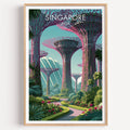 Gardens by the Bay Singapore travel poster in a natural wood frame, shown against a clean white wall