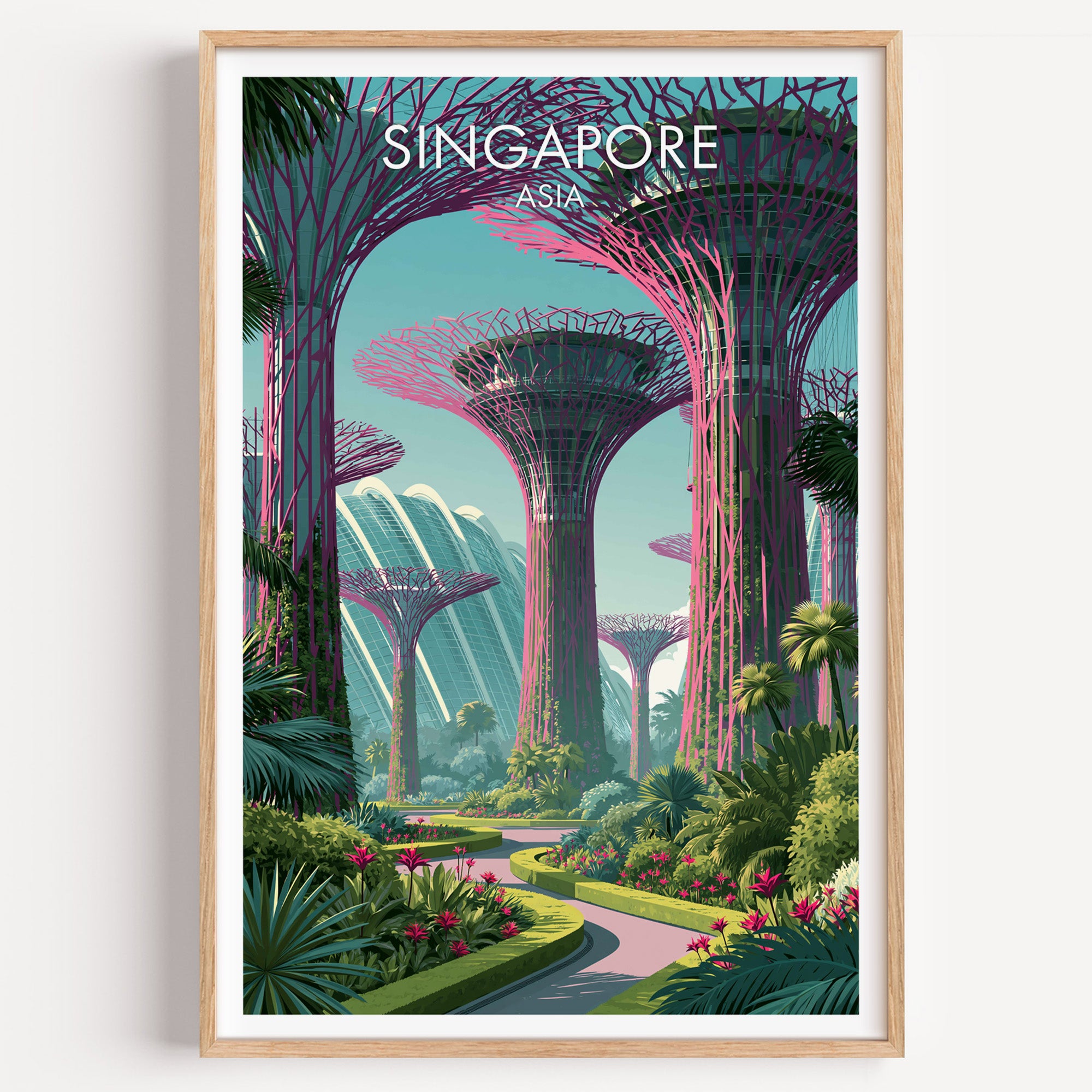 Gardens by the Bay Singapore travel poster in a natural wood frame, shown against a clean white wall