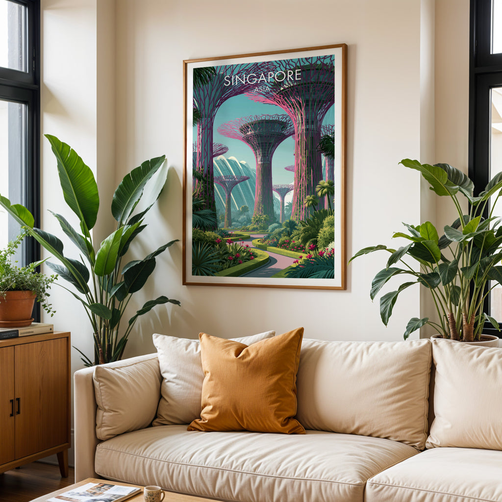 Framed Gardens by the Bay Singapore wall art hanging above a cream sofa in a bright living room with tropical plants