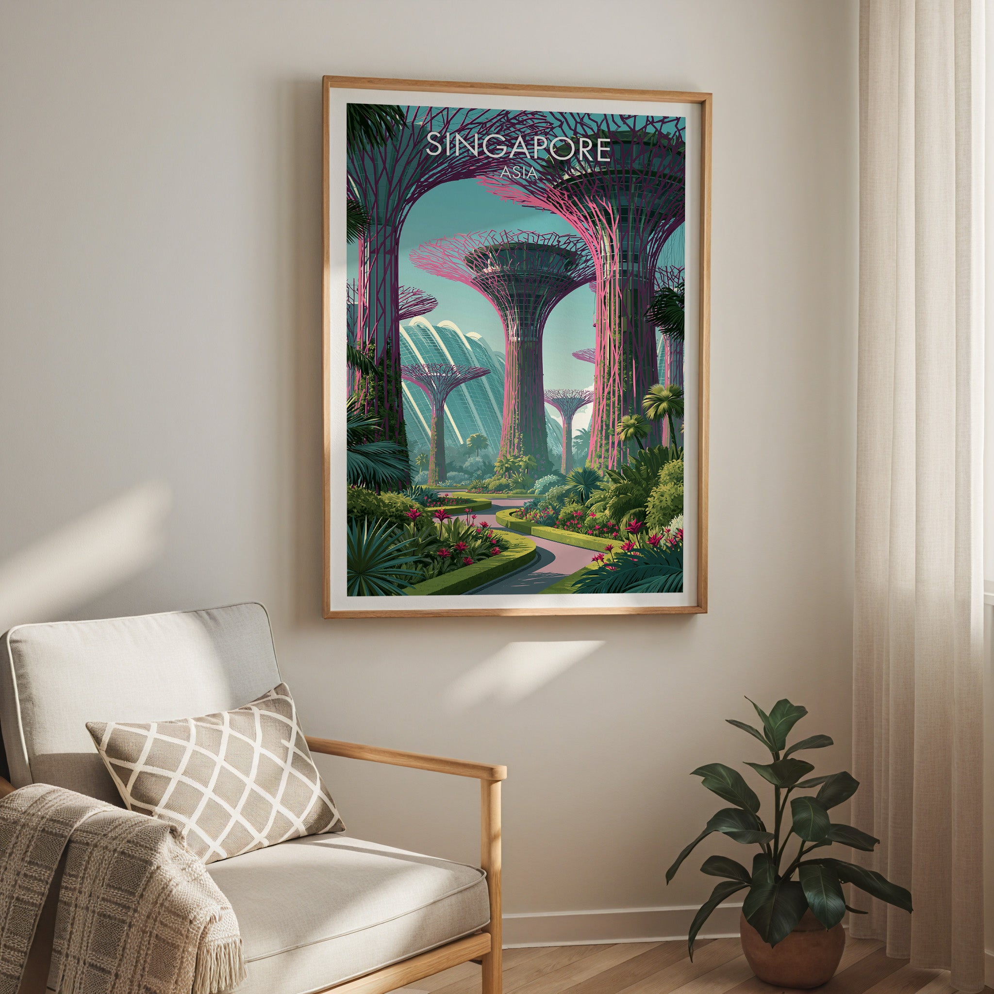 Gardens by the Bay Singapore travel print in a light oak frame on a living room wall beside a linen armchair