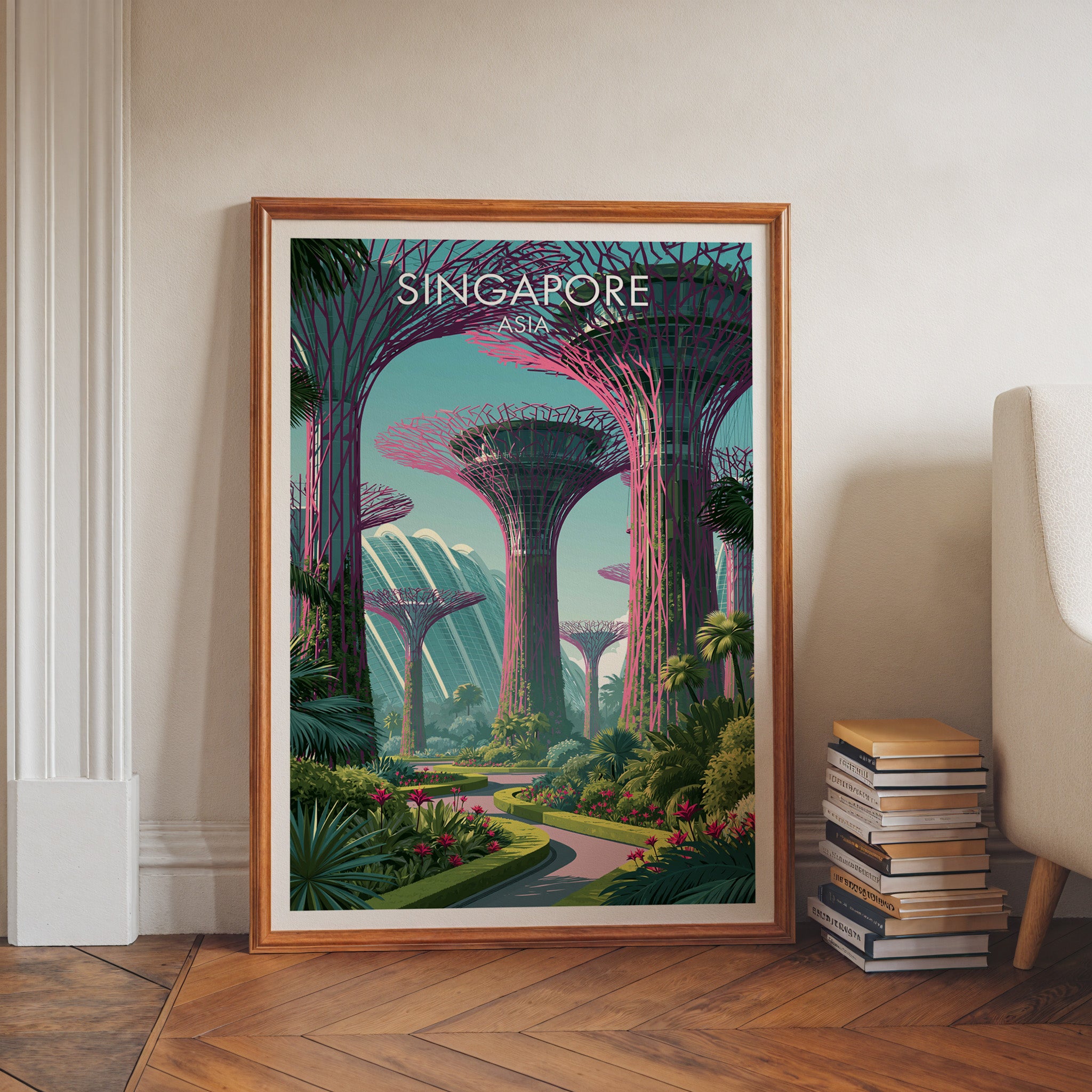 Gardens by the Bay Singapore art print in a walnut frame leaning in a hallway beside stacked books