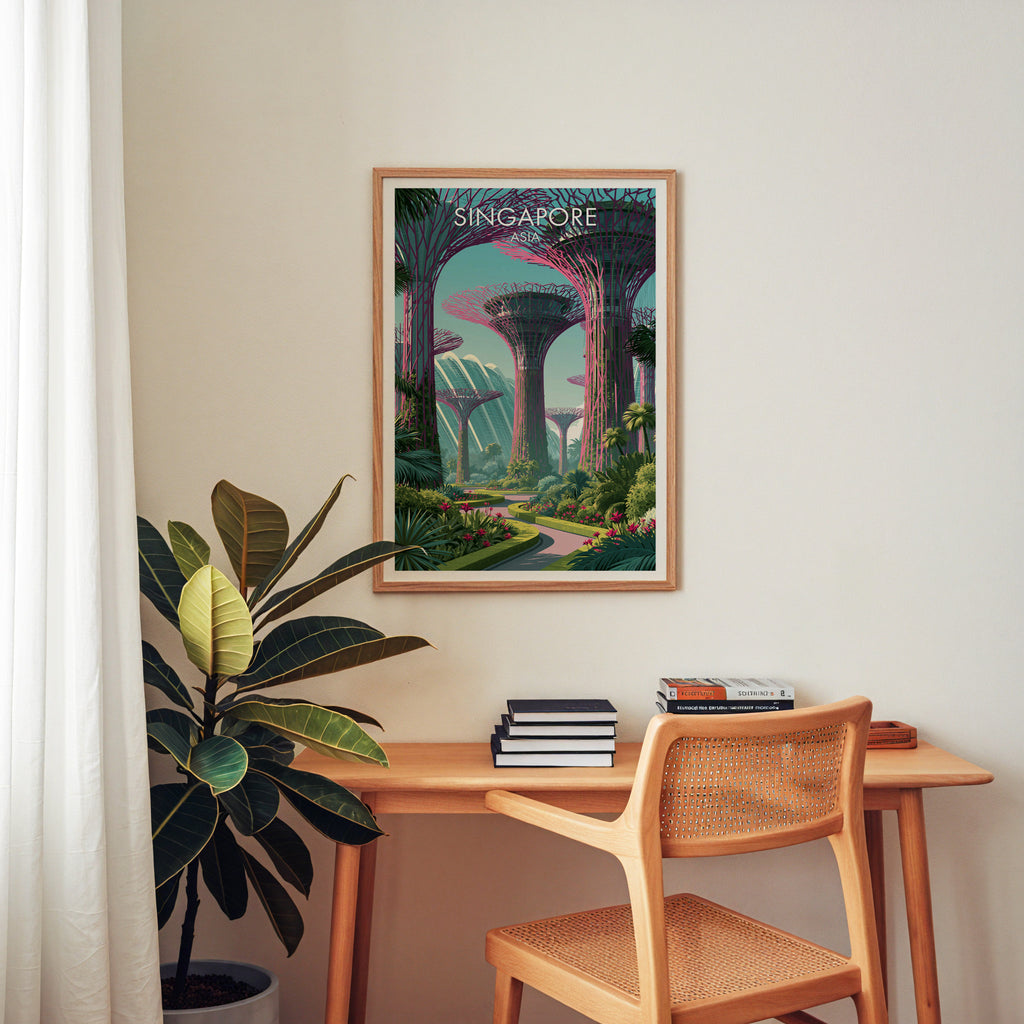 Gardens by the Bay Singapore wall art above a wooden home office desk with a rattan chair and books