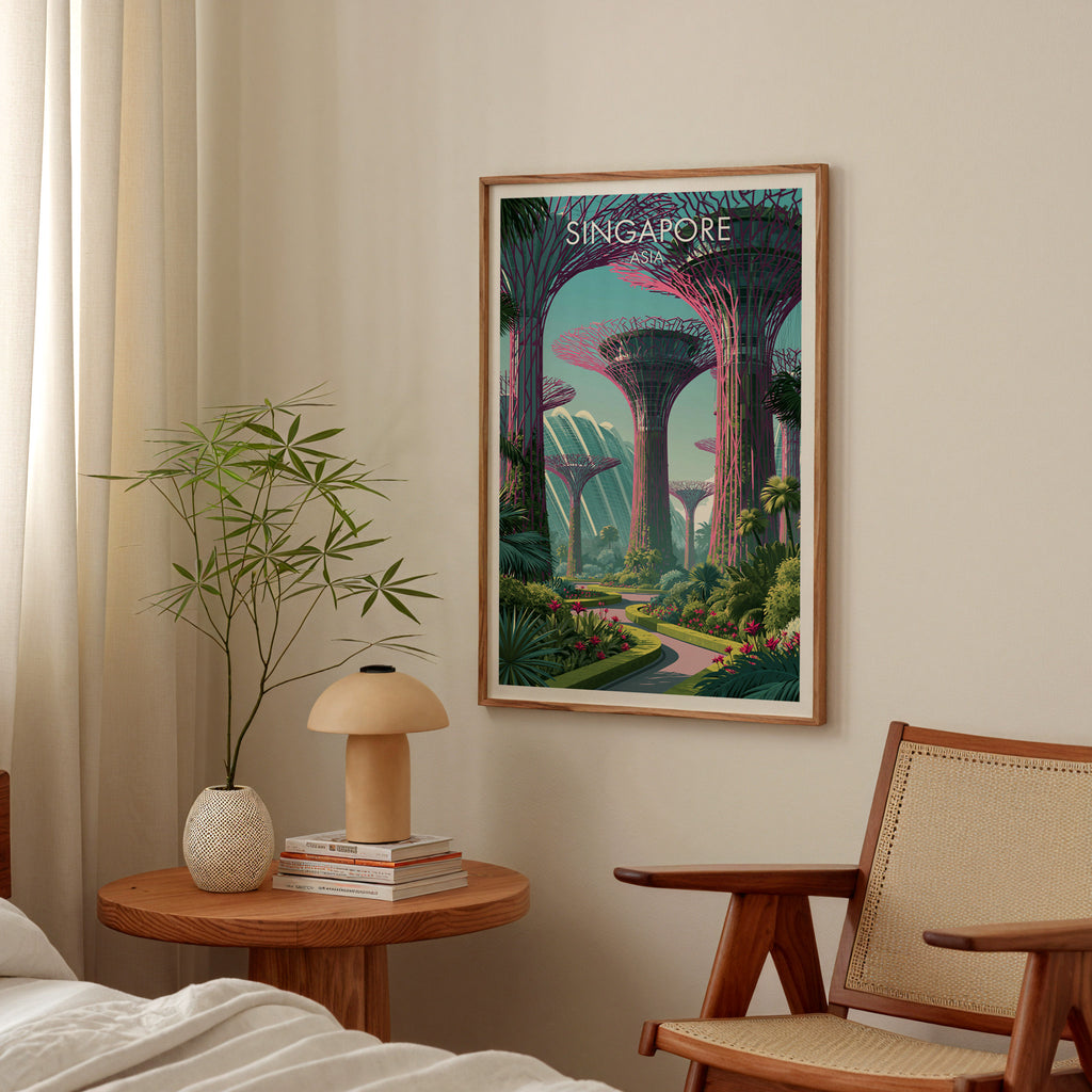 Gardens by the Bay Singapore poster above a bedroom nightstand with a bamboo plant and mushroom lamp