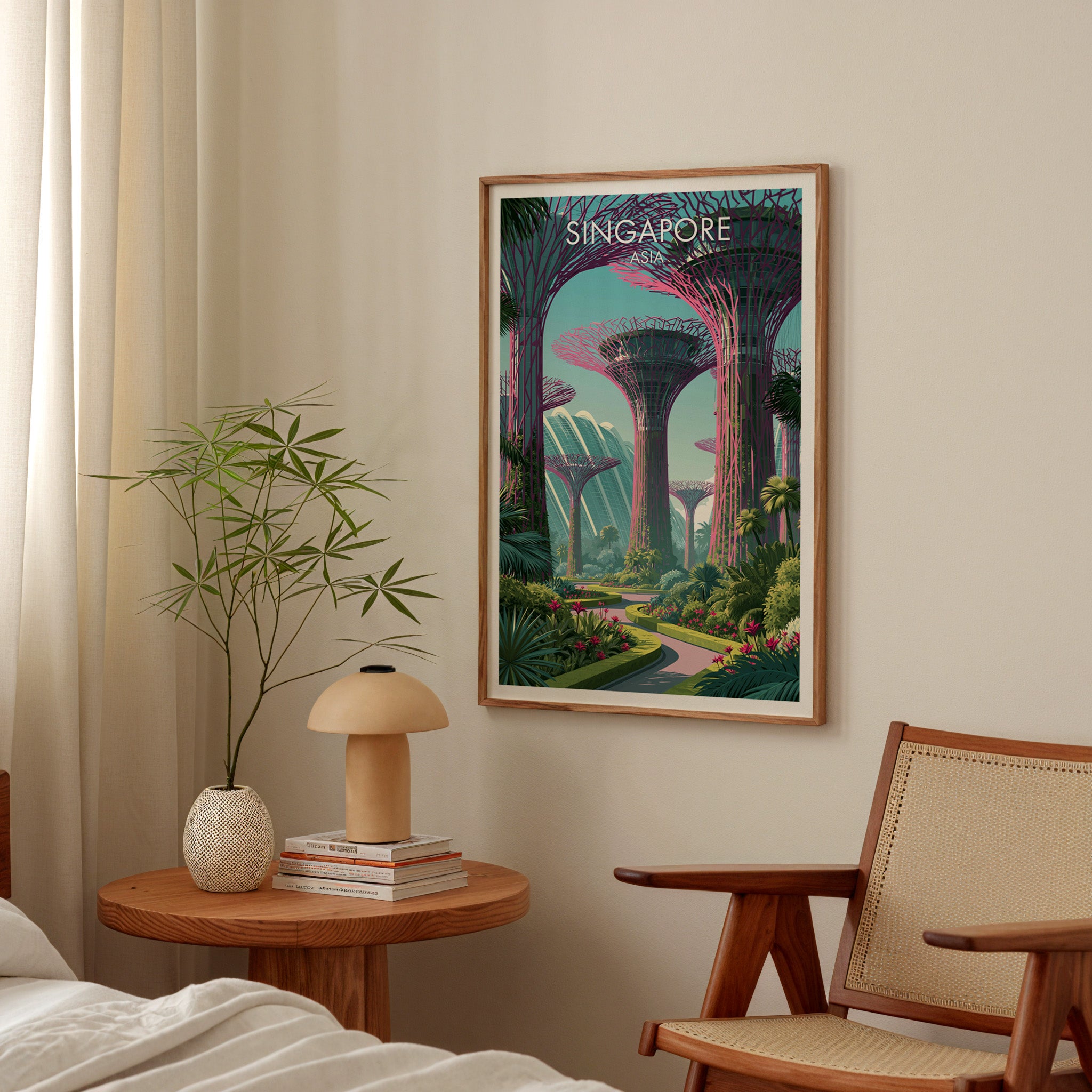 Gardens by the Bay Singapore poster above a bedroom nightstand with a bamboo plant and mushroom lamp