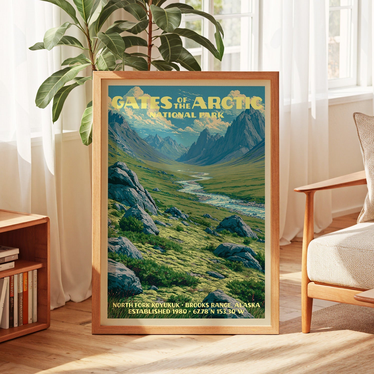 Gates of the Arctic vintage poster in oak, leaning by a sunlit window with sheer curtains and a bookshelf