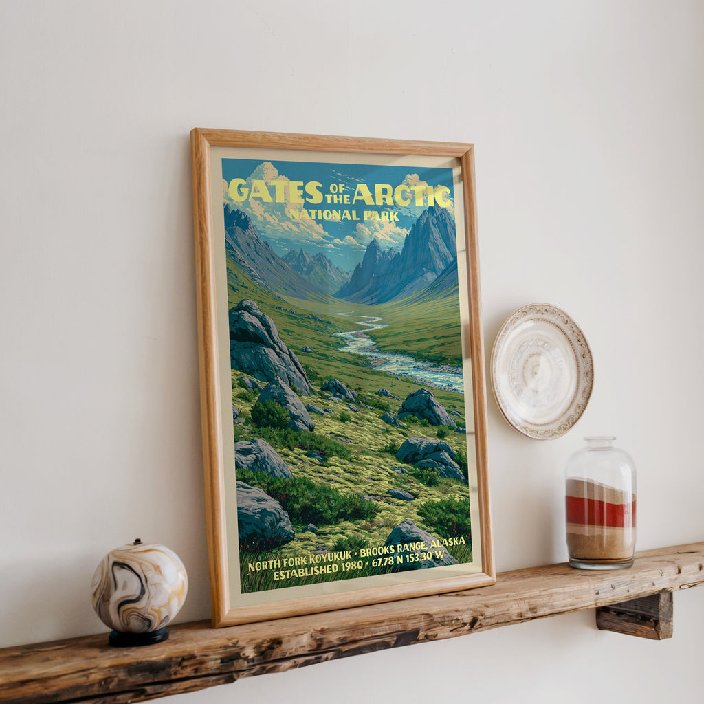 Gates of the Arctic print in oak, leaning on a reclaimed wood ledge with a marbled sphere and sand jar