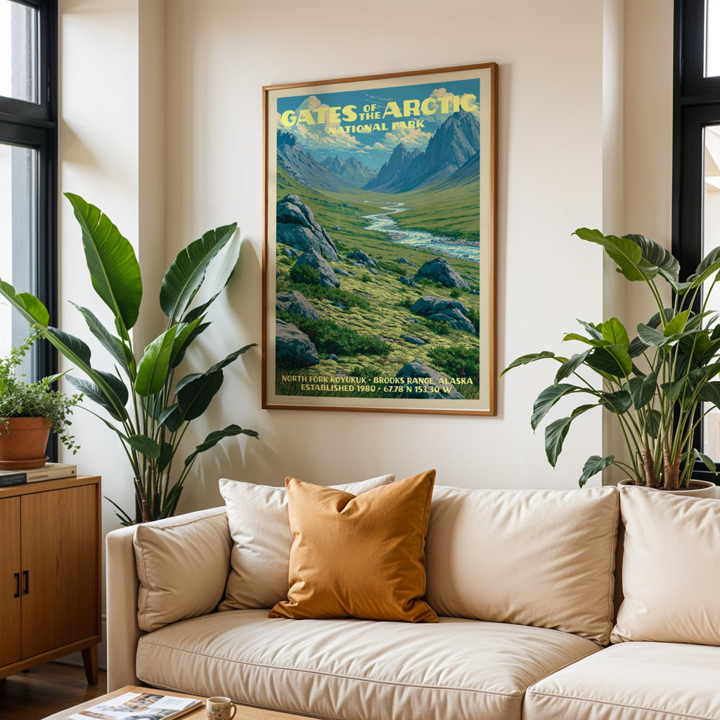 Gates of the Arctic vintage travel print in oak above a cream sofa with a rust cushion and tall plants