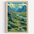 North Fork Koyukuk Gates of the Arctic poster in a light oak frame on a plain white wall