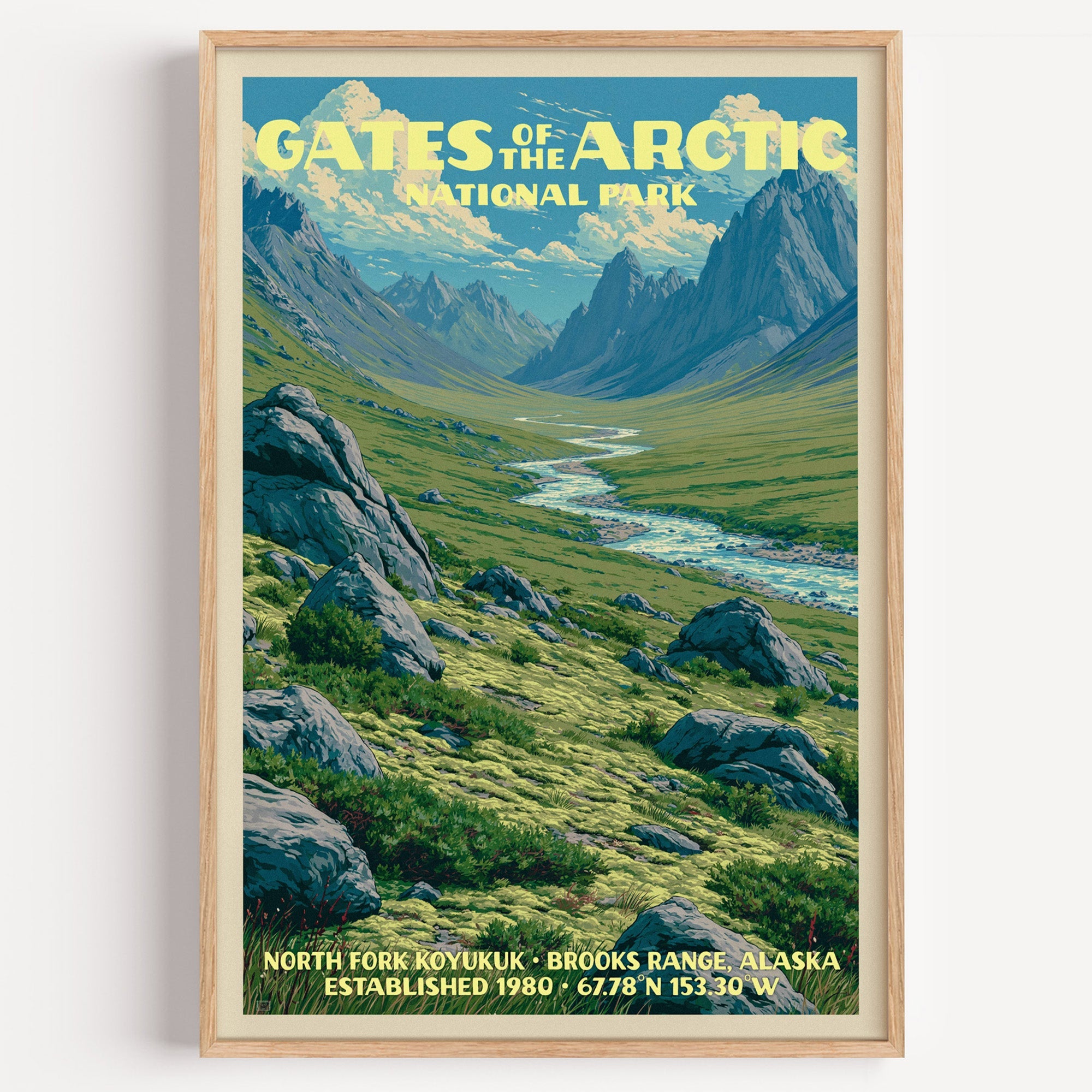North Fork Koyukuk Gates of the Arctic poster in a light oak frame on a plain white wall