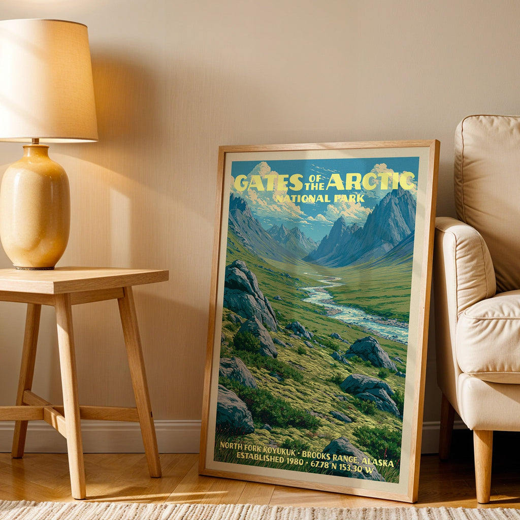 North Fork Koyukuk Gates of the Arctic wall art in oak, by an armchair and a side table with an ochre lamp