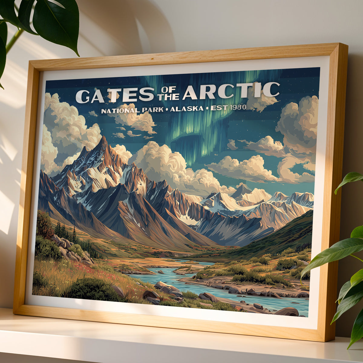 Gates of the Arctic National Park wall art print in a light oak frame, leaning on a white shelf in warm sunlight beside a monstera plant