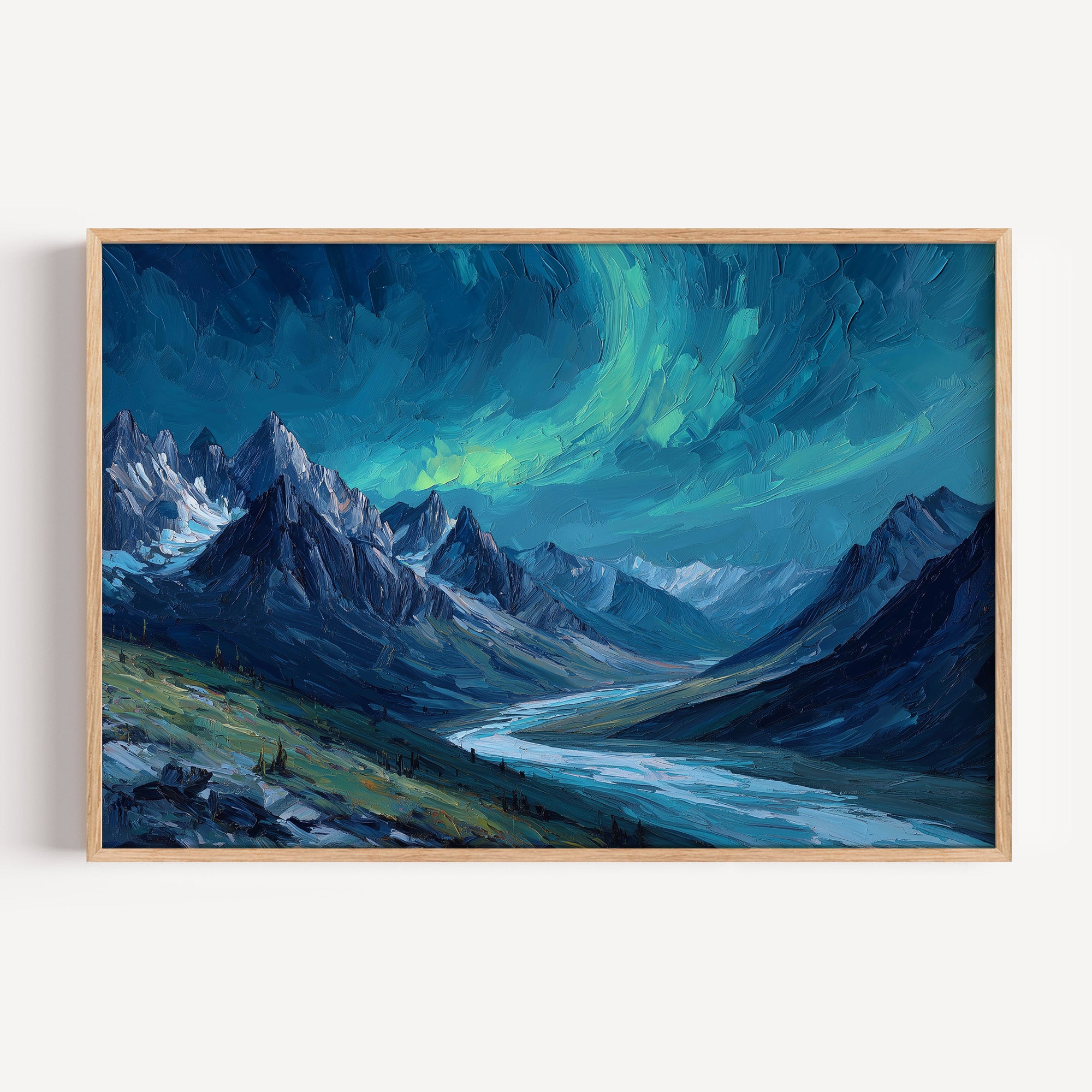 Gates of the Arctic oil painting print in a light oak frame: Brooks Range peaks under a green aurora