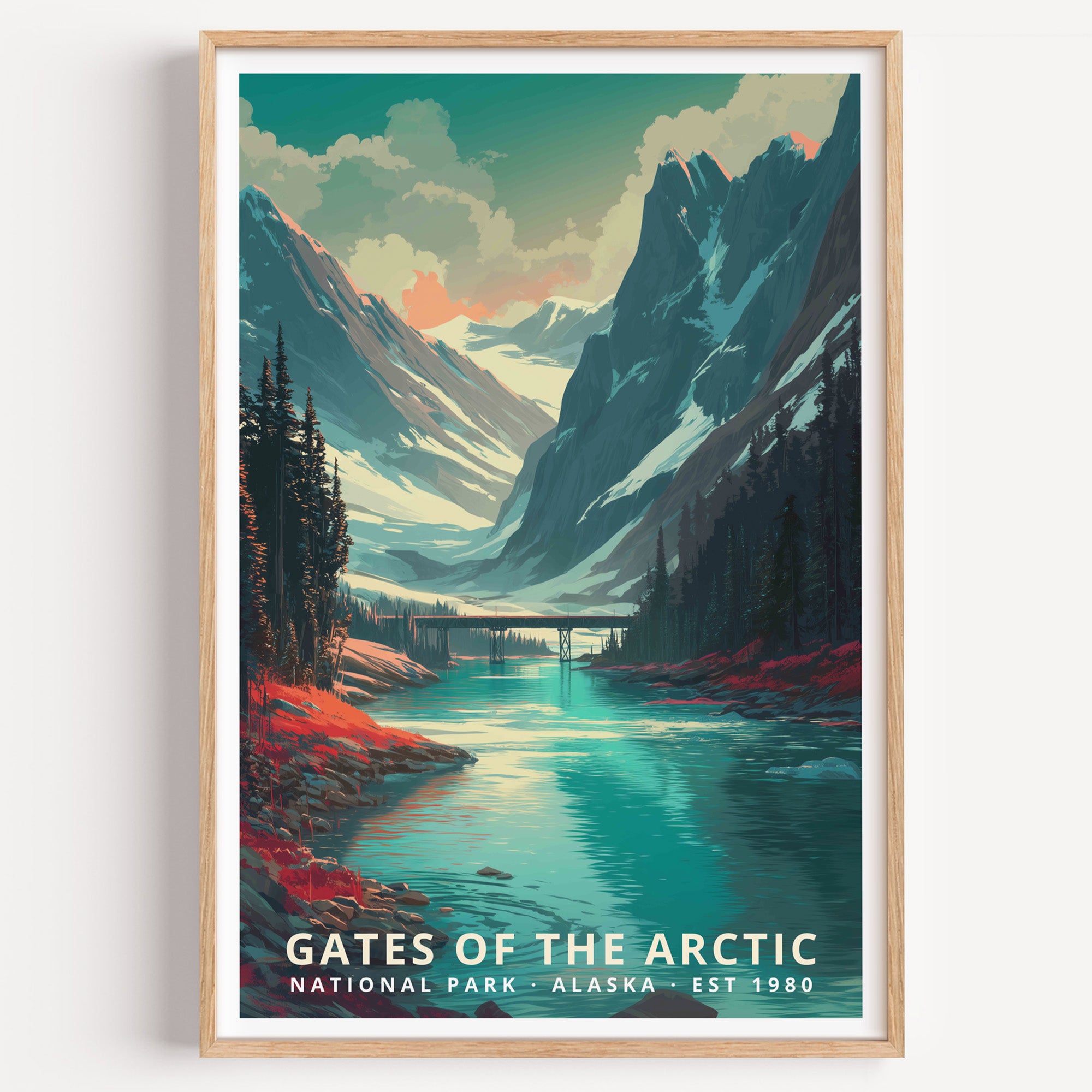 Gates of the Arctic National Park retro travel poster — glacial peaks above a turquoise braided river in the Brooks Range, Alaska