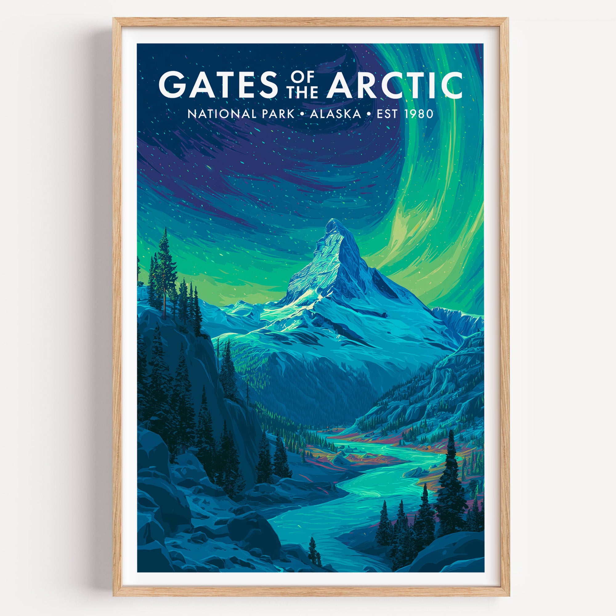 Gates of the Arctic National Park mid-century modern art print — green curtains of aurora pouring over a blue glaciated peak