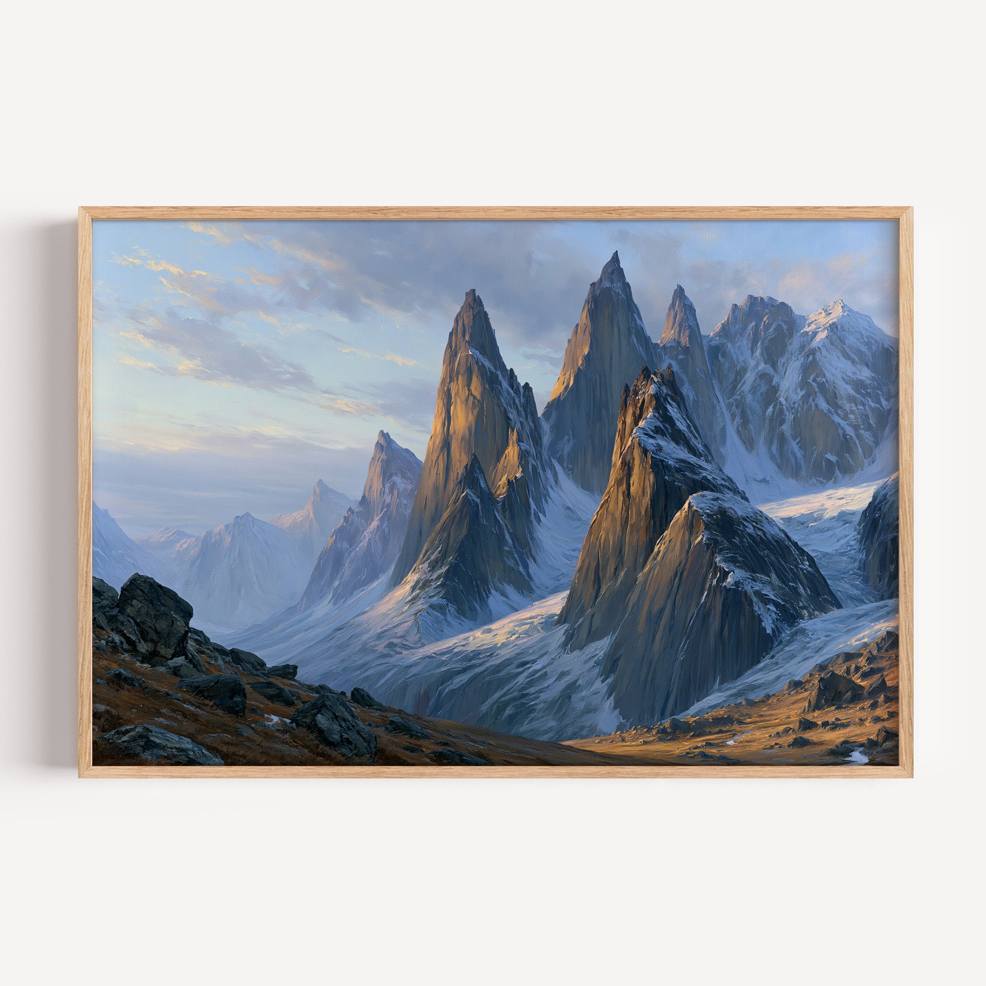 Gates of the Arctic classical oil painting print in an oak frame: granite spires in alpenglow