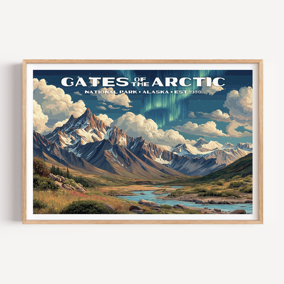 Green aurora over the jagged Brooks Range above a braided tundra river — Gates of the Arctic National Park vintage WPA travel poster print