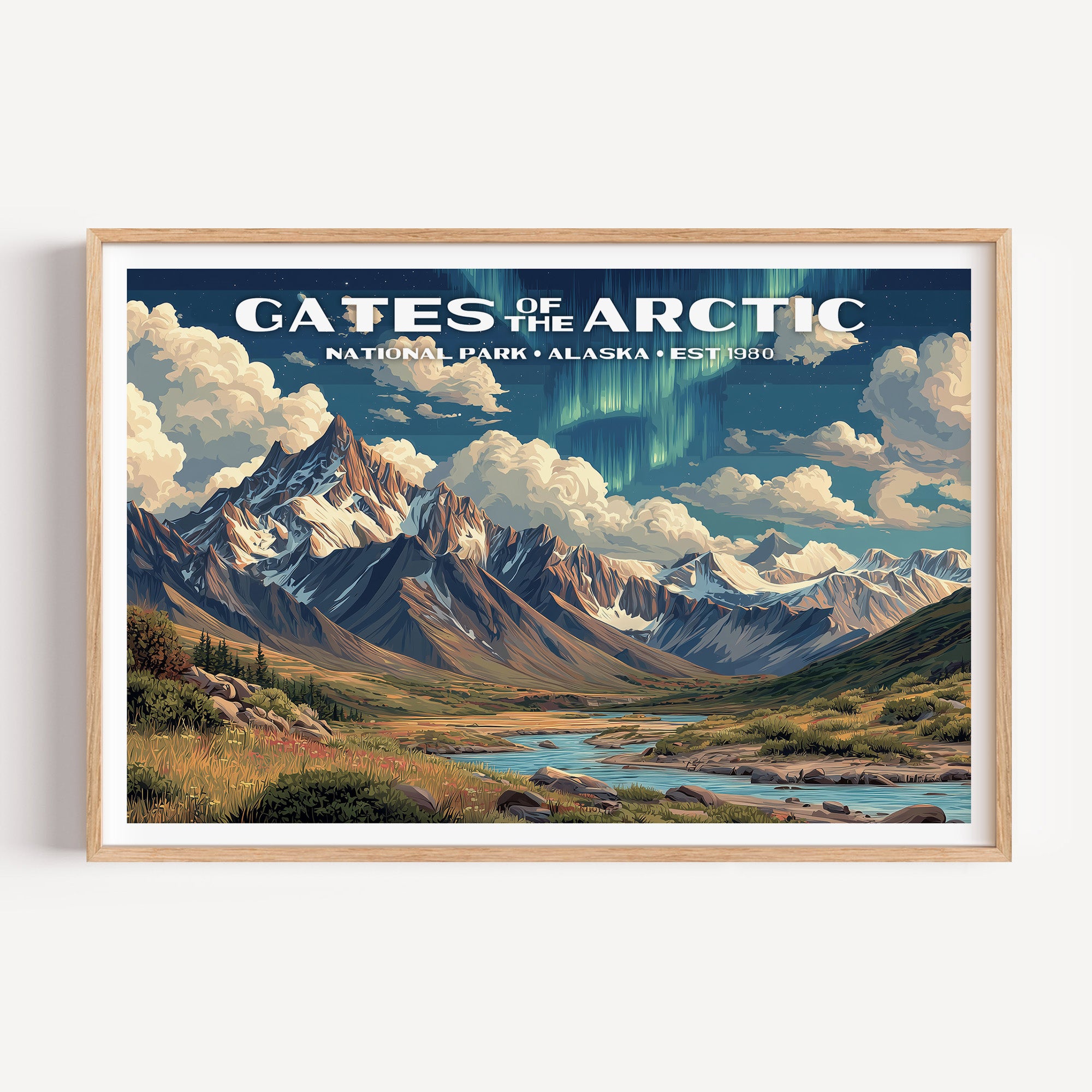 Green aurora over the jagged Brooks Range above a braided tundra river — Gates of the Arctic National Park vintage WPA travel poster print