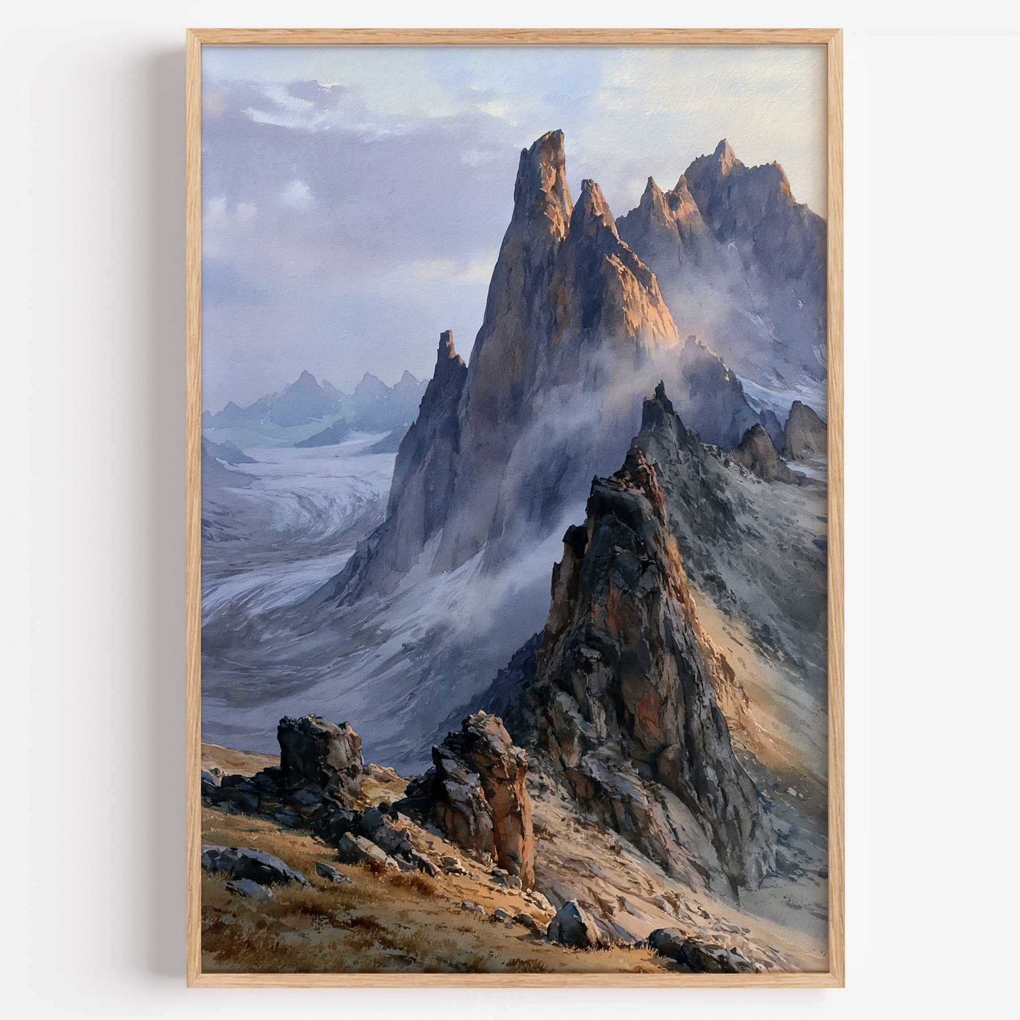 Gates of the Arctic National Park watercolor art print: granite spires rising through cloud above a glacial valley