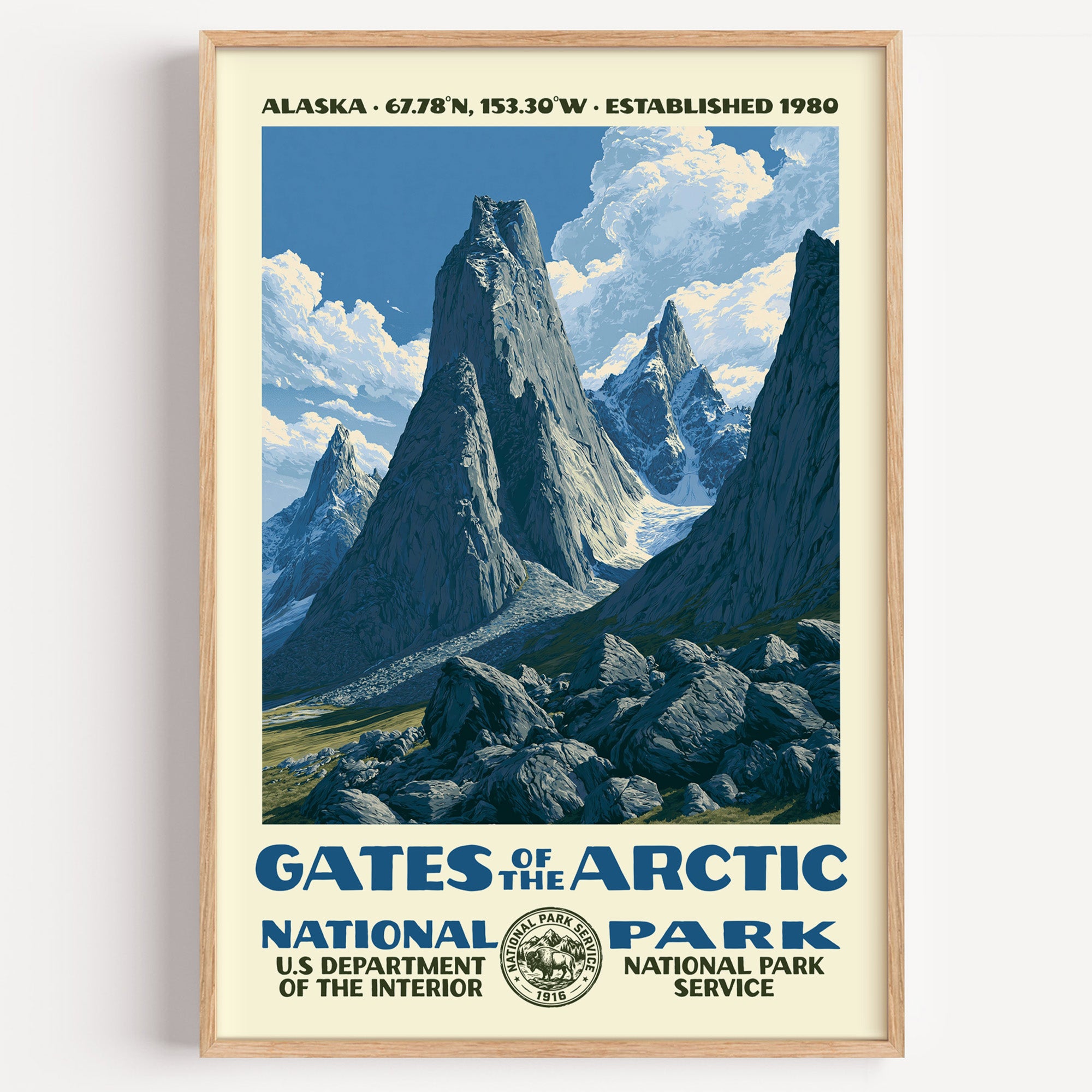 Gates of the Arctic National Park vintage WPA poster in a wood frame, the granite Arrigetch Peaks