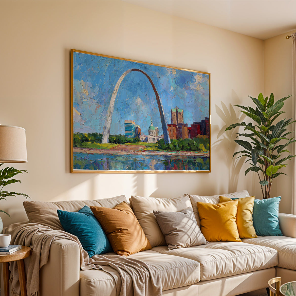 Gateway Arch oil painting wall art above a light wood desk in a home office