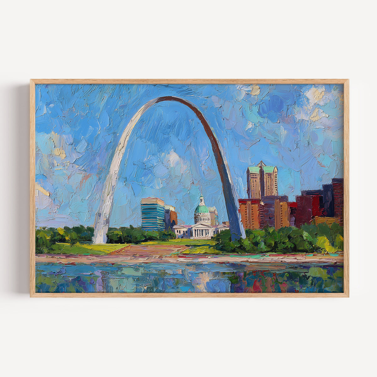 Gateway Arch National Park oil painting print in a light oak frame: the Arch over the St. Louis skyline