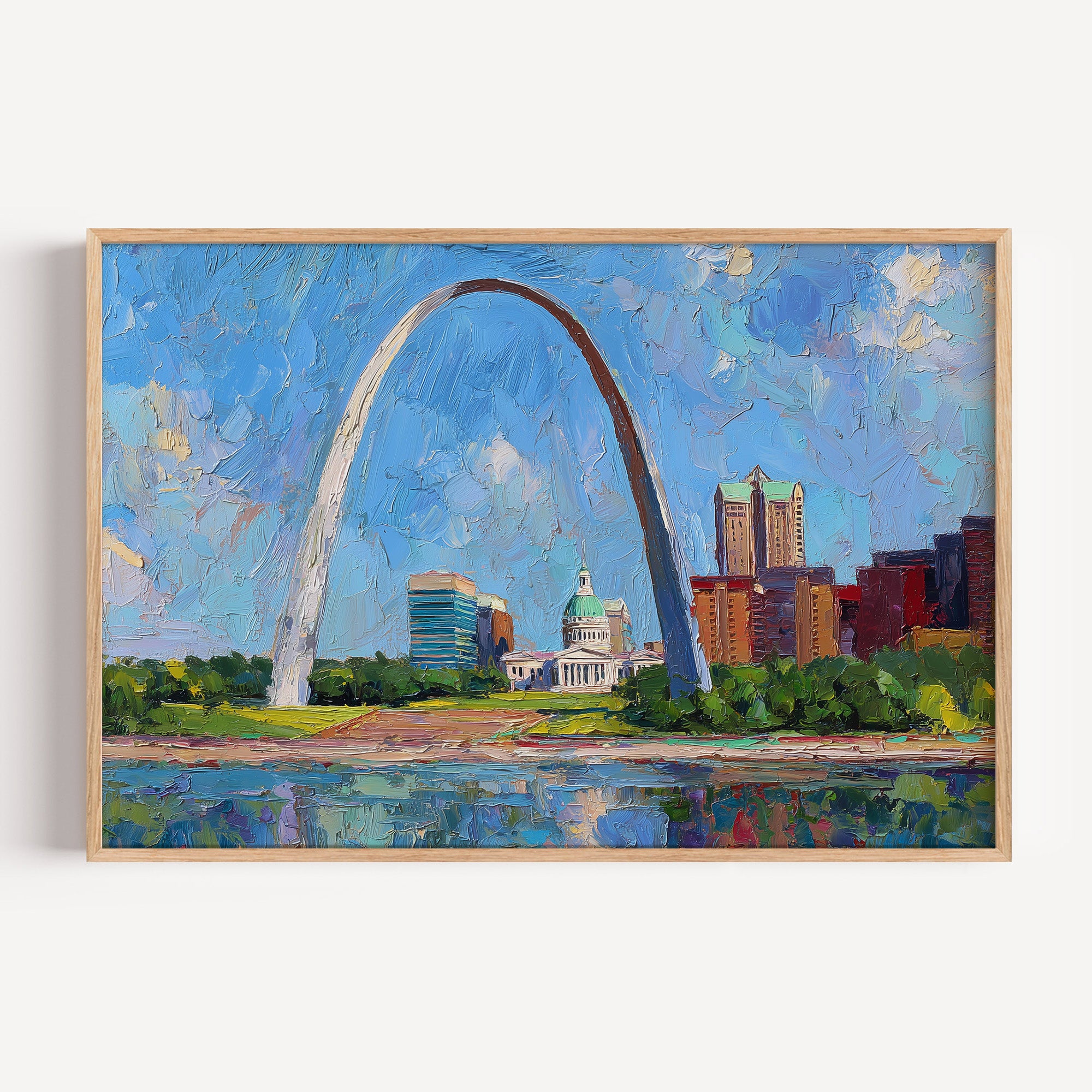 Gateway Arch National Park oil painting print in a light oak frame: the Arch over the St. Louis skyline