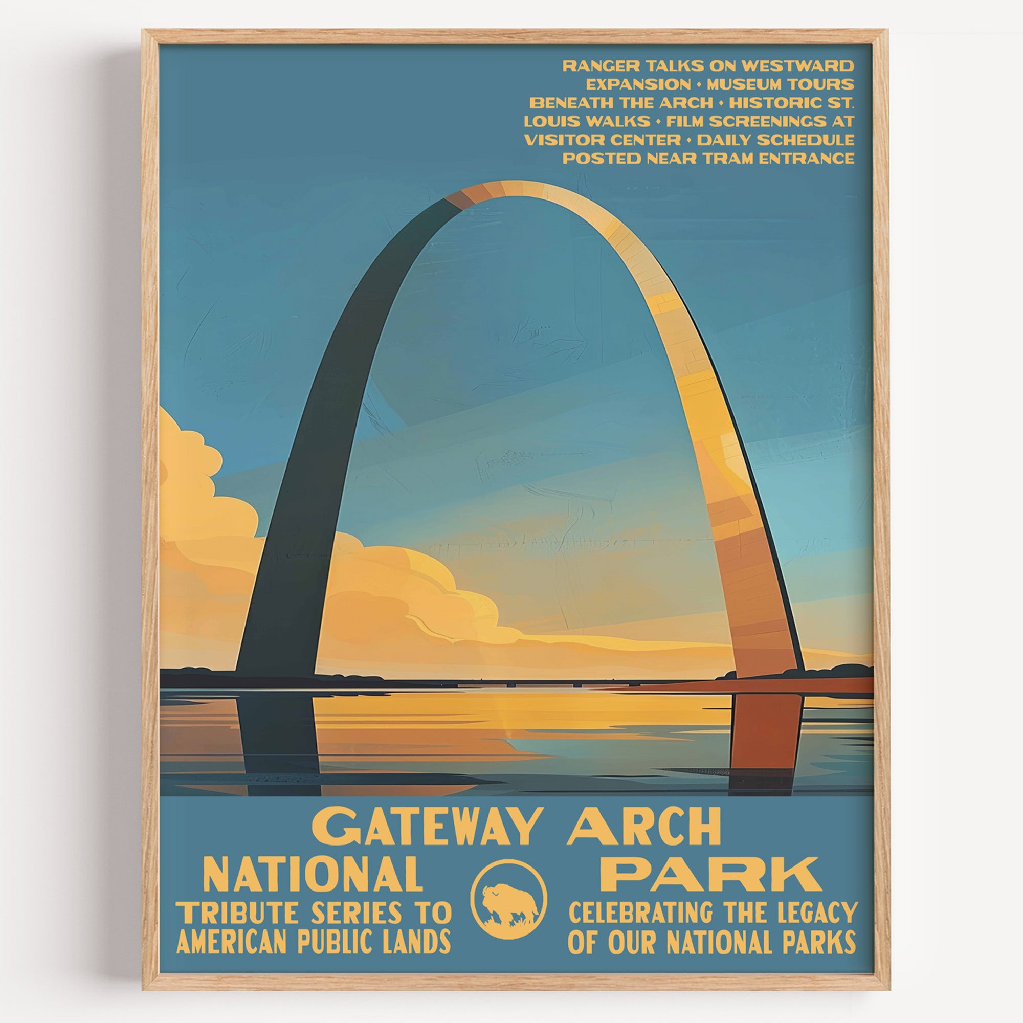 Gateway Arch National Park wall art print in a thin wood frame, the steel Arch rising over the Mississippi at sunset