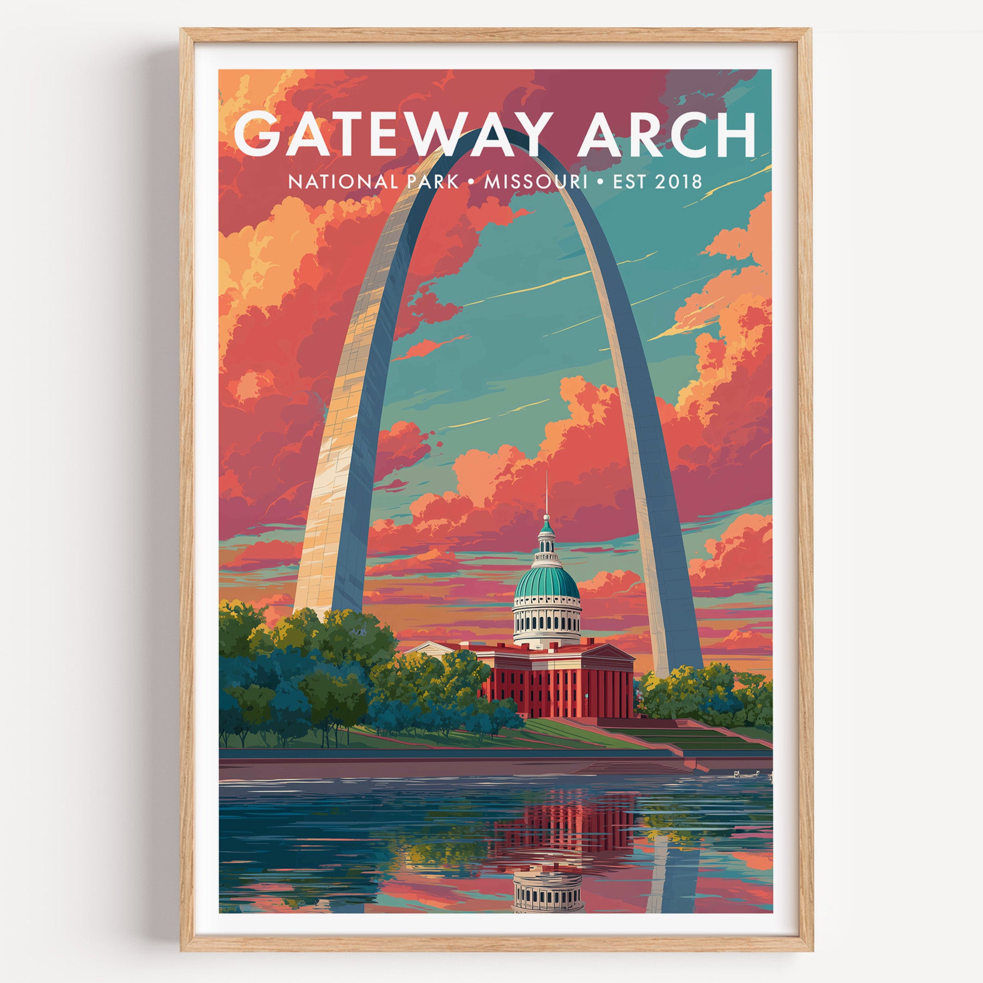 Gateway Arch National Park mid-century modern art print — the stainless steel catenary of the Arch soaring over the Old Courthouse