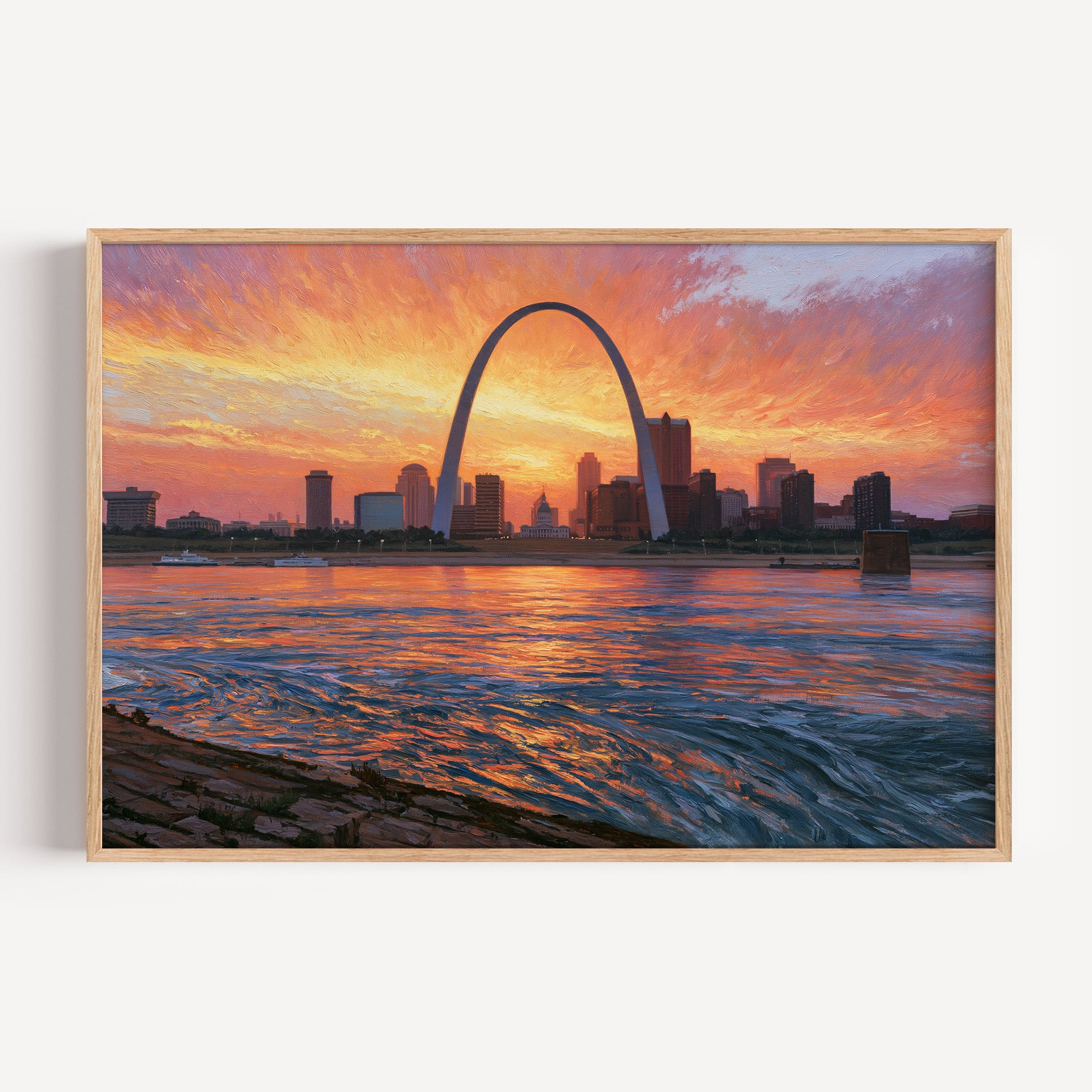 Gateway Arch classical oil painting print in an oak frame: the Arch against a sunset over the river