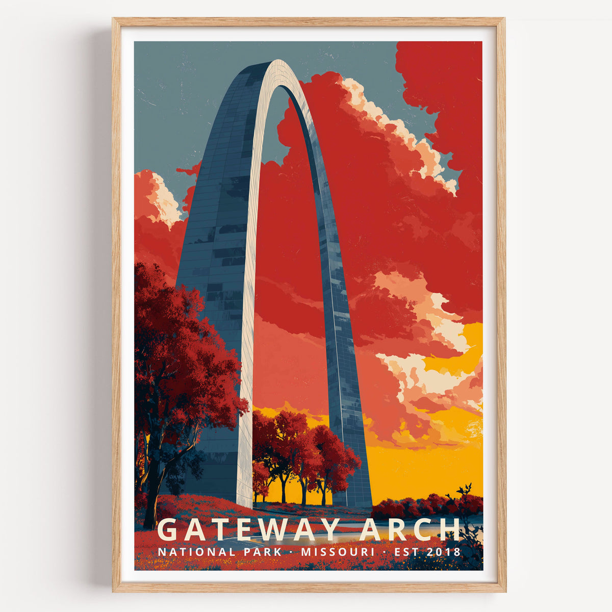 Gateway Arch National Park retro travel poster — the stainless steel Arch soaring against a red and gold sunset sky, Missouri