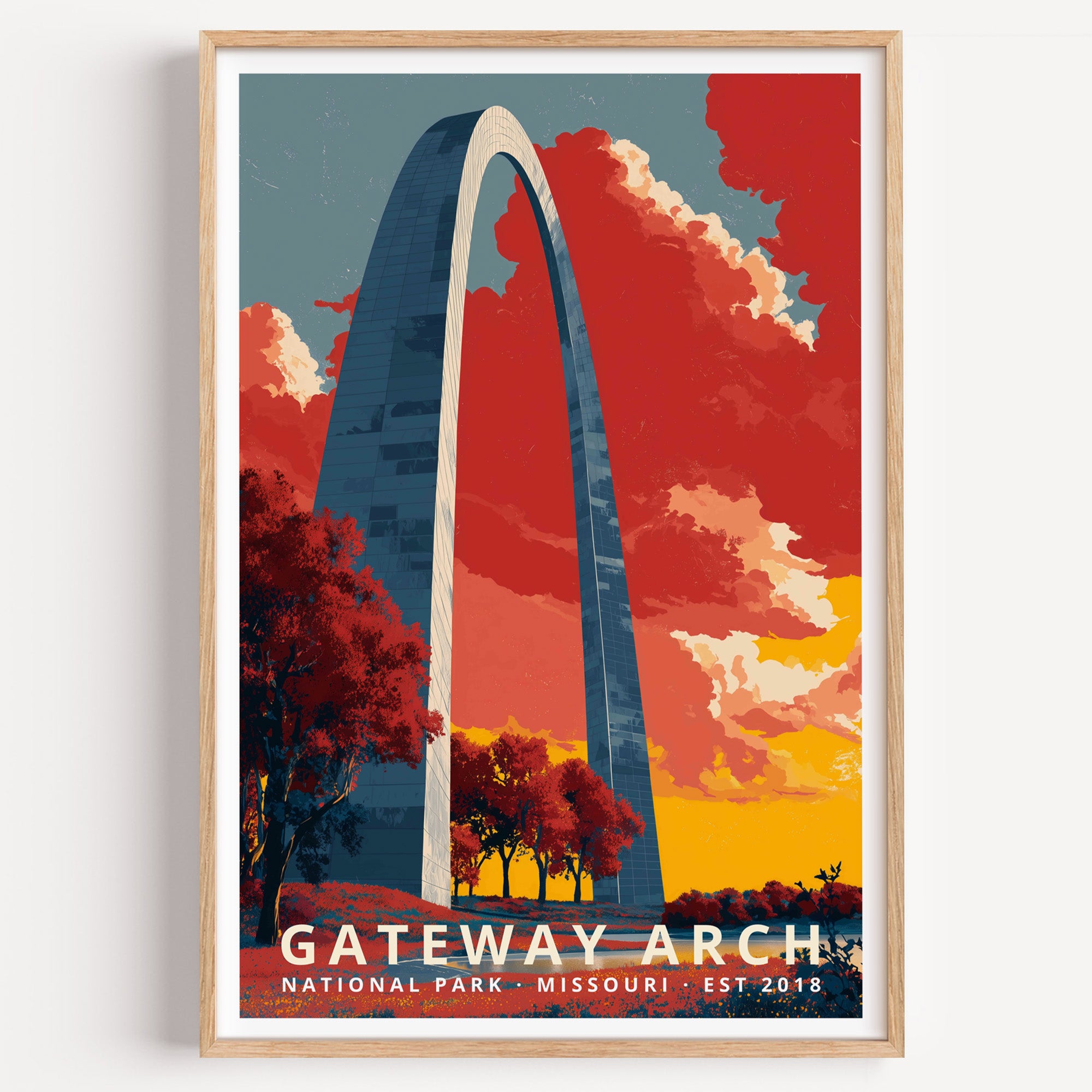 Gateway Arch National Park retro travel poster — the stainless steel Arch soaring against a red and gold sunset sky, Missouri