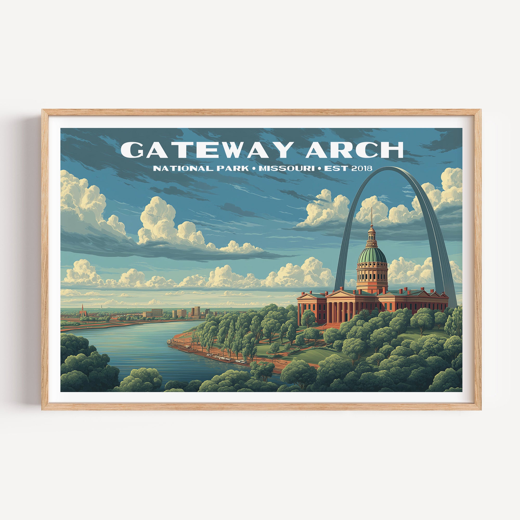 The stainless steel Gateway Arch above the Old Courthouse and the Mississippi River — Gateway Arch National Park vintage WPA travel poster print
