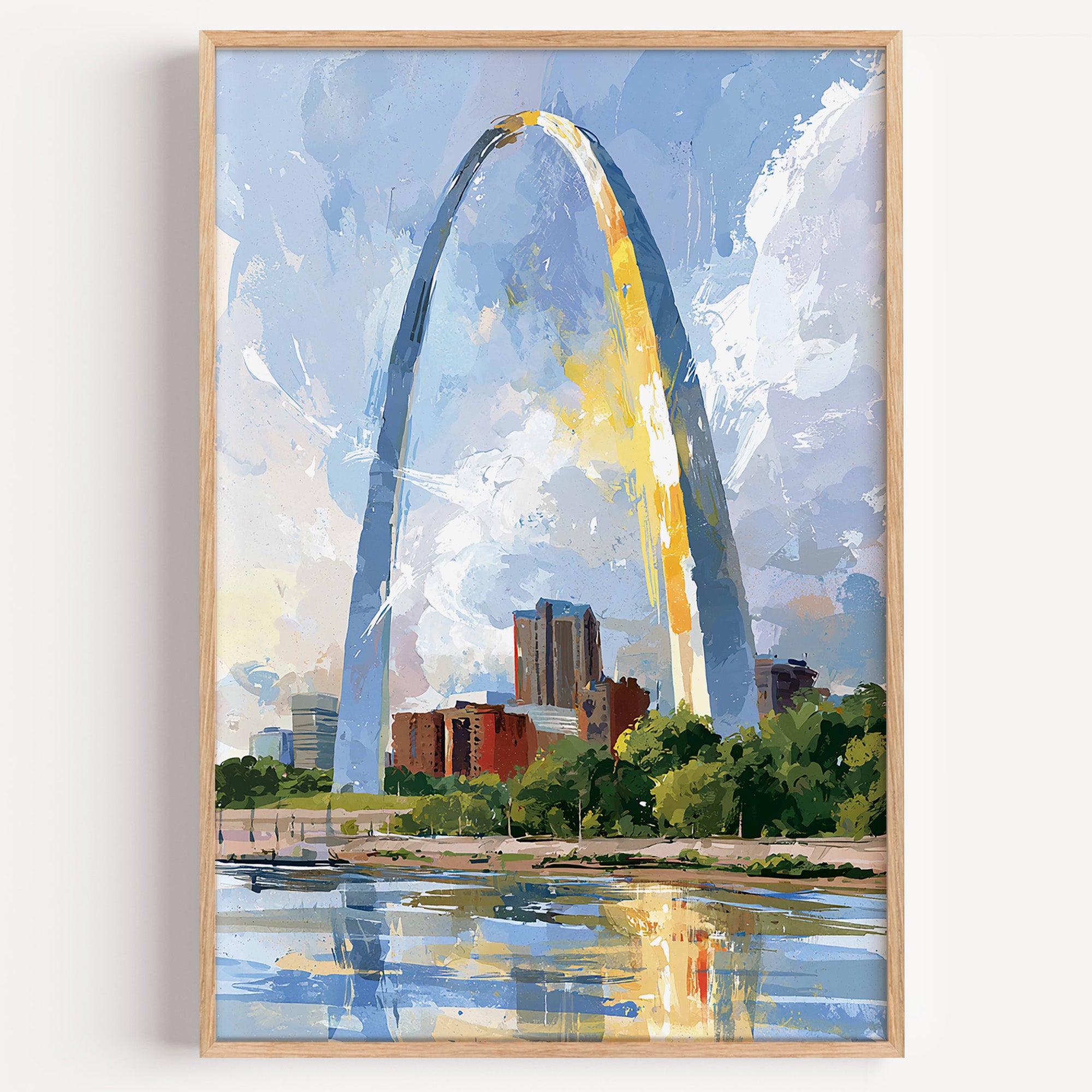 Gateway Arch National Park watercolor art print: the Gateway Arch above the St. Louis skyline and Mississippi River