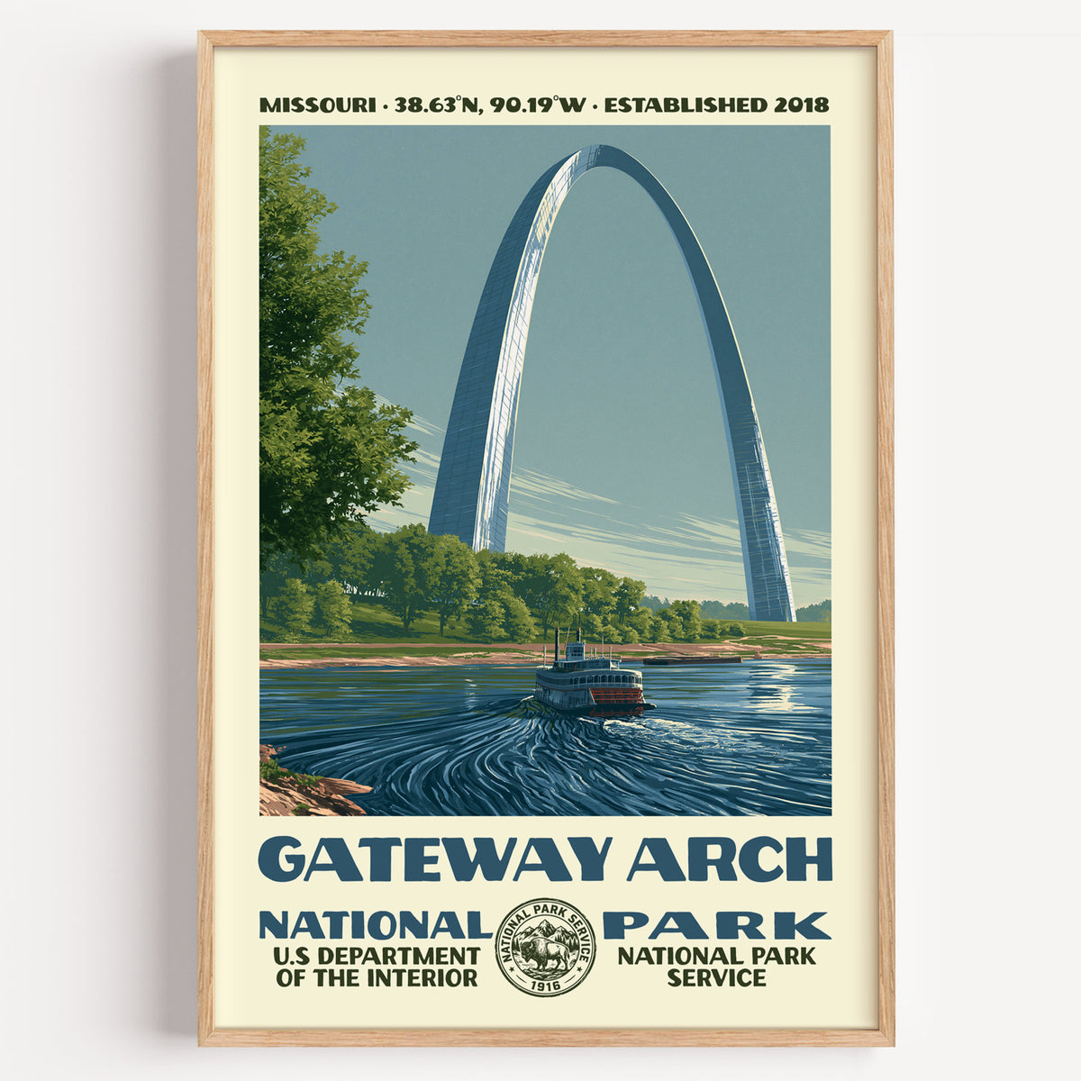 Gateway Arch National Park vintage WPA poster in a wood frame, the Arch above the Mississippi
