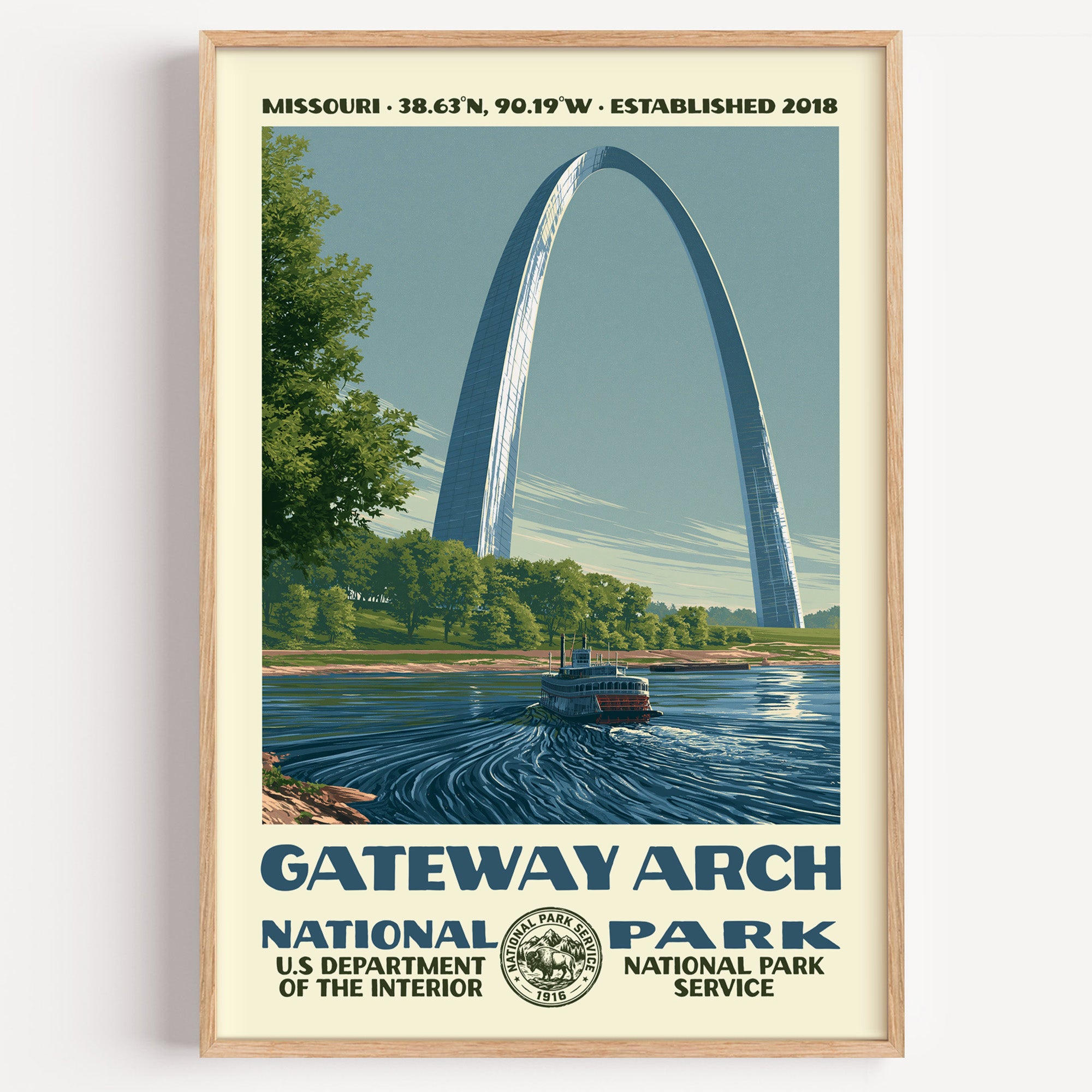 Gateway Arch National Park vintage WPA poster in a wood frame, the Arch above the Mississippi